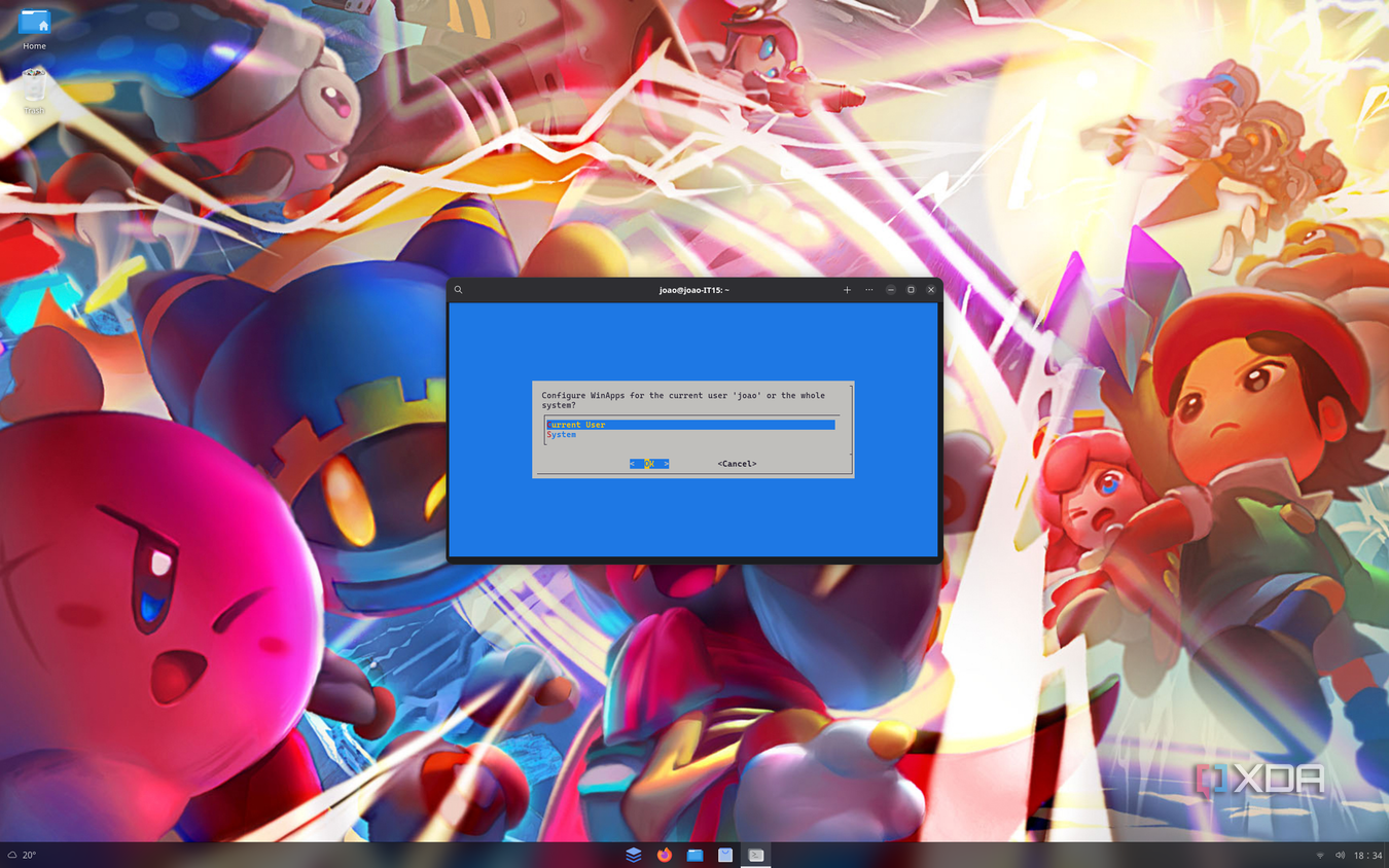 Screenshot of a Linux desktop showing the WinApps setup asking the user whether to install the program for the current user or the entire system