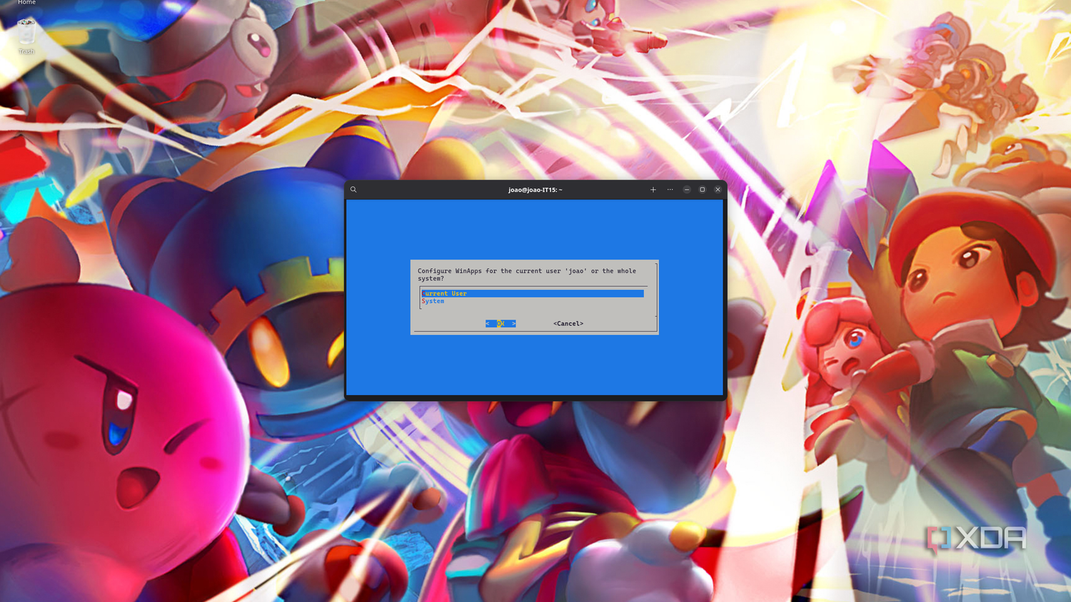Screenshot of a Linux desktop showing the WinApps setup asking the user whether to install the program for the current user or the entire system