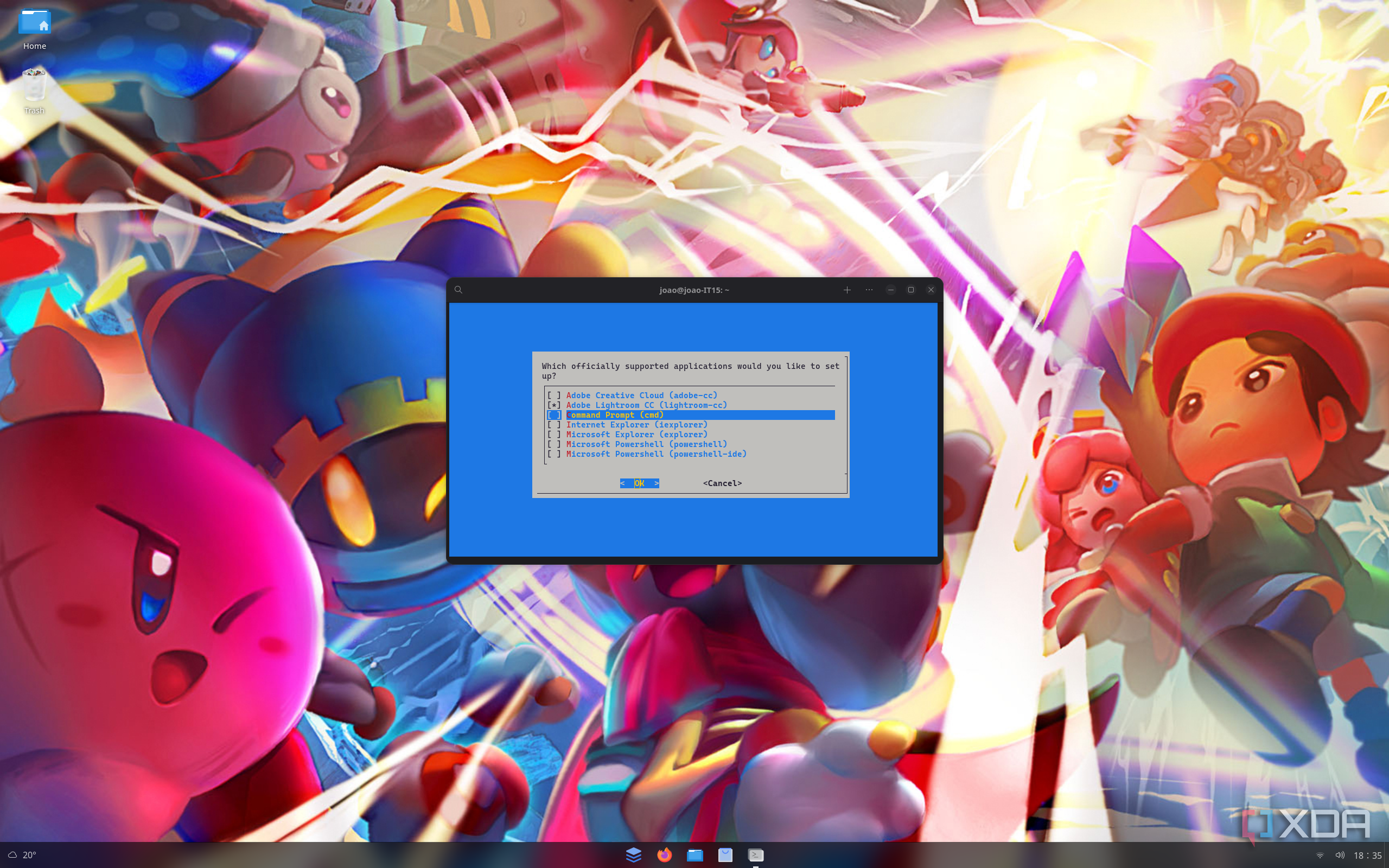 Screenshot of a Linux desktop showing the WinApps setup showing a list of officially supported applications installed on a Windows system that can be added to Linux