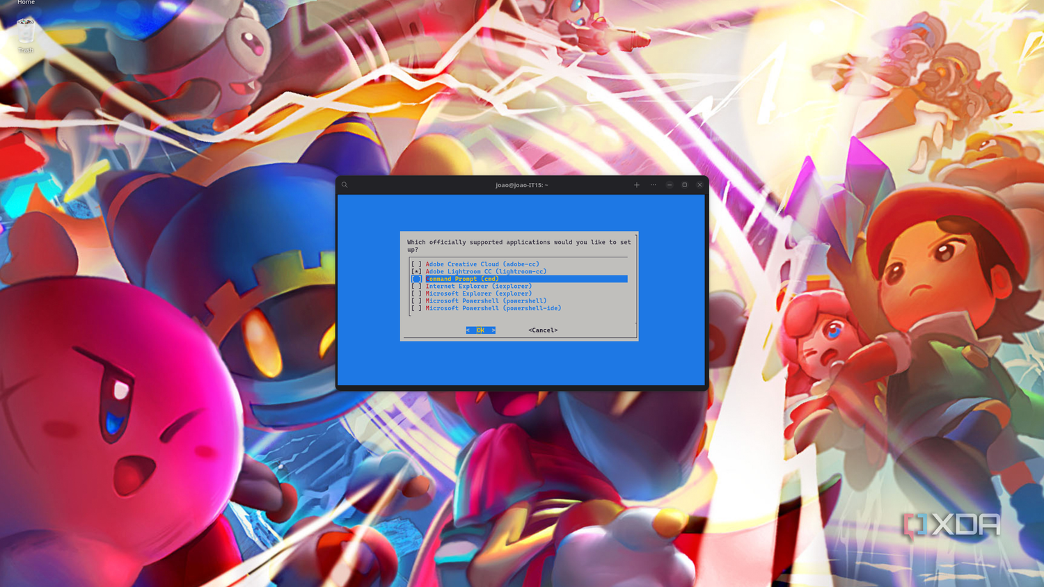 Screenshot of a Linux desktop showing the WinApps setup showing a list of officially supported applications installed on a Windows system that can be added to Linux
