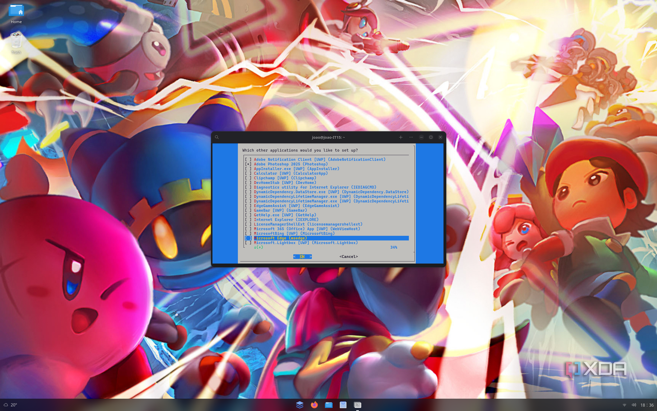 Screenshot of a Linux desktop showing the WinApps setup showing a list of additional applications installed on a Windows system that can be added to Linux