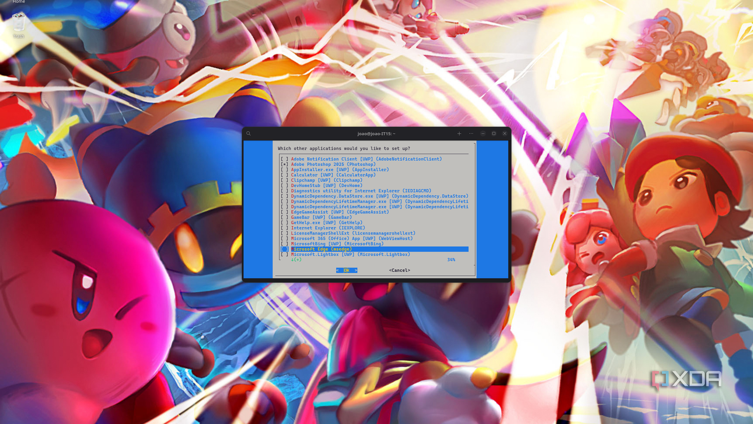Screenshot of a Linux desktop showing the WinApps setup showing a list of additional applications installed on a Windows system that can be added to Linux