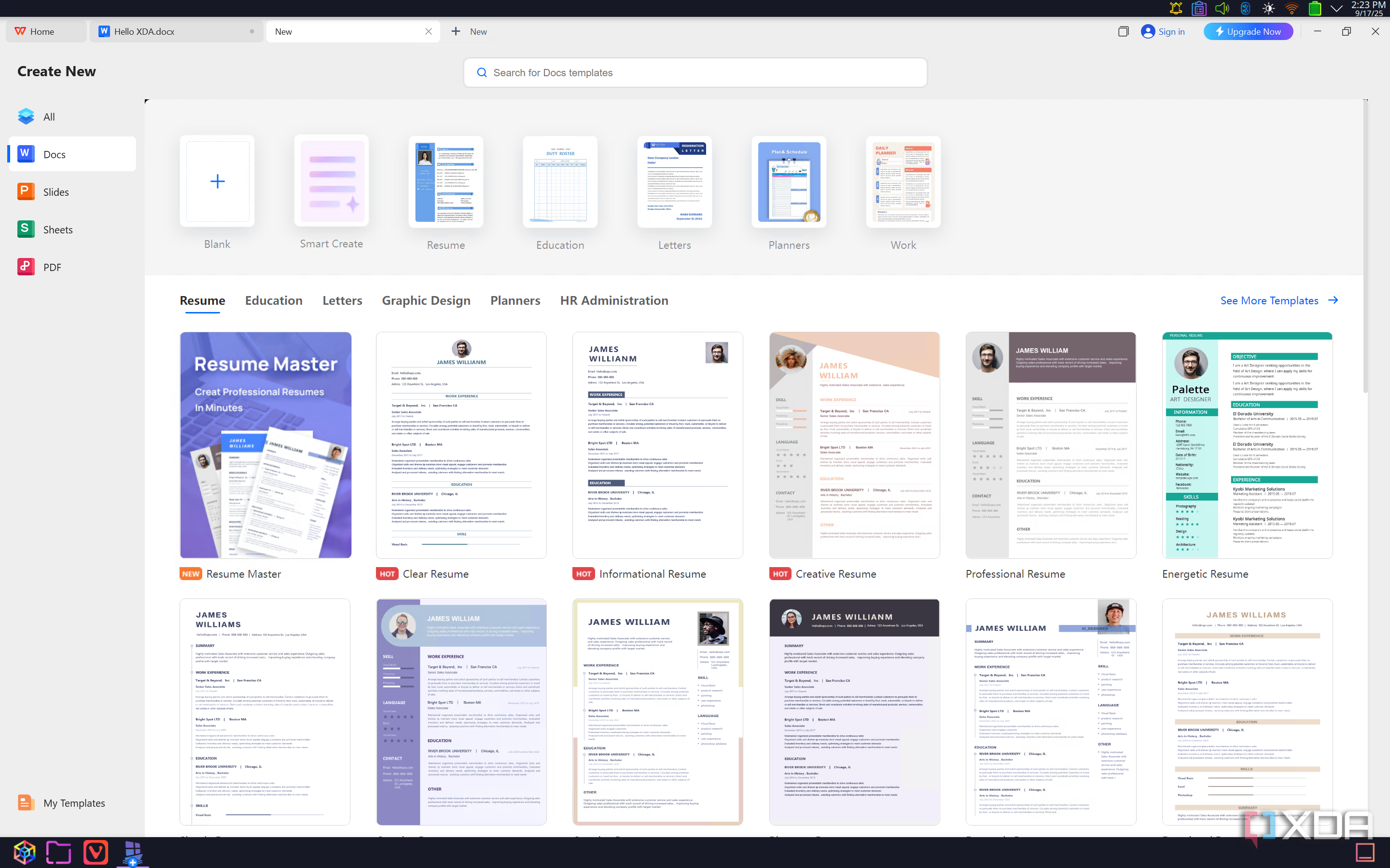 Screenshot of WPS Office showing various temnplated that can be used for creating a document