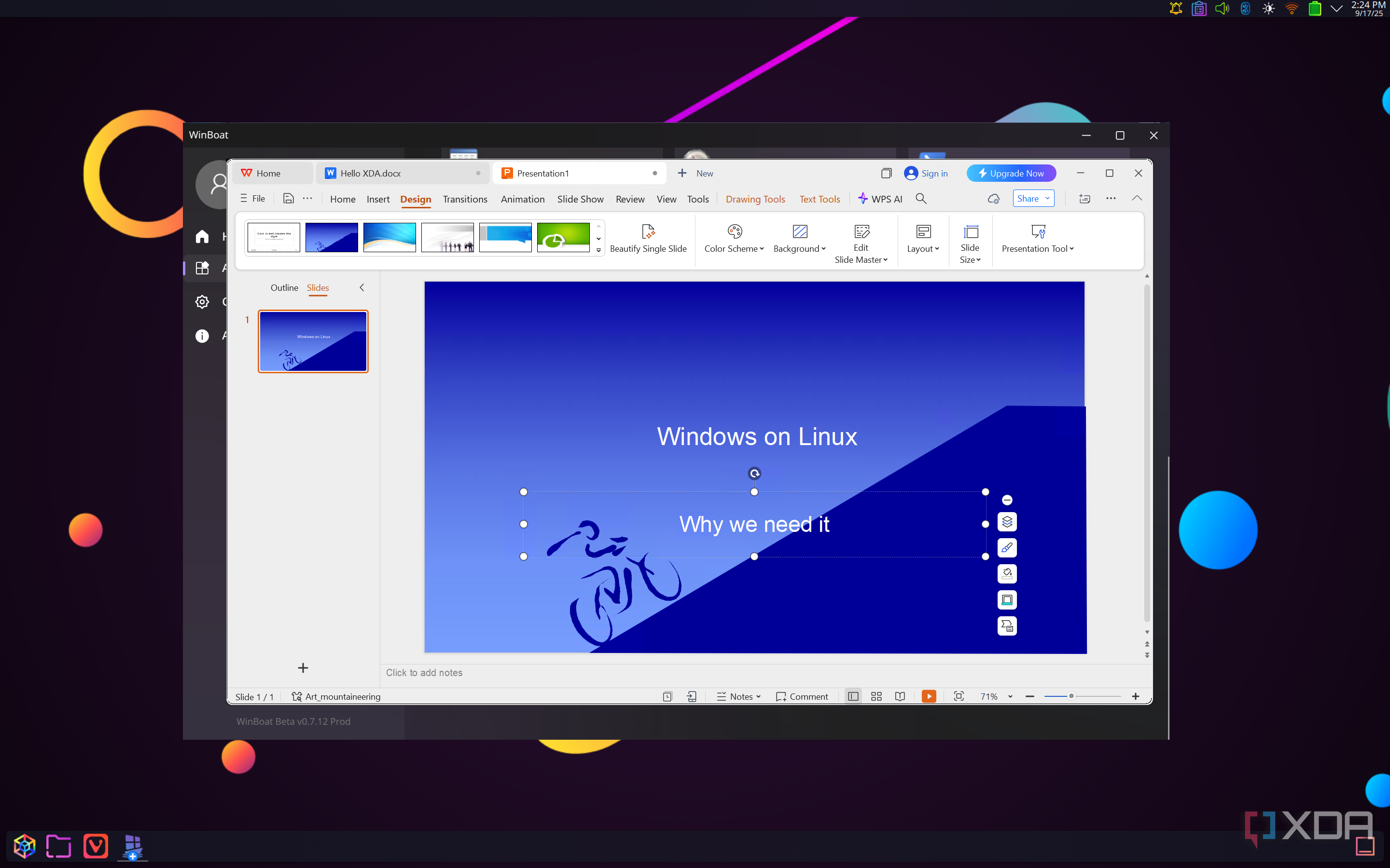 Screenshot of WPS Office for Windows on Linux, showing a slideshow presentation