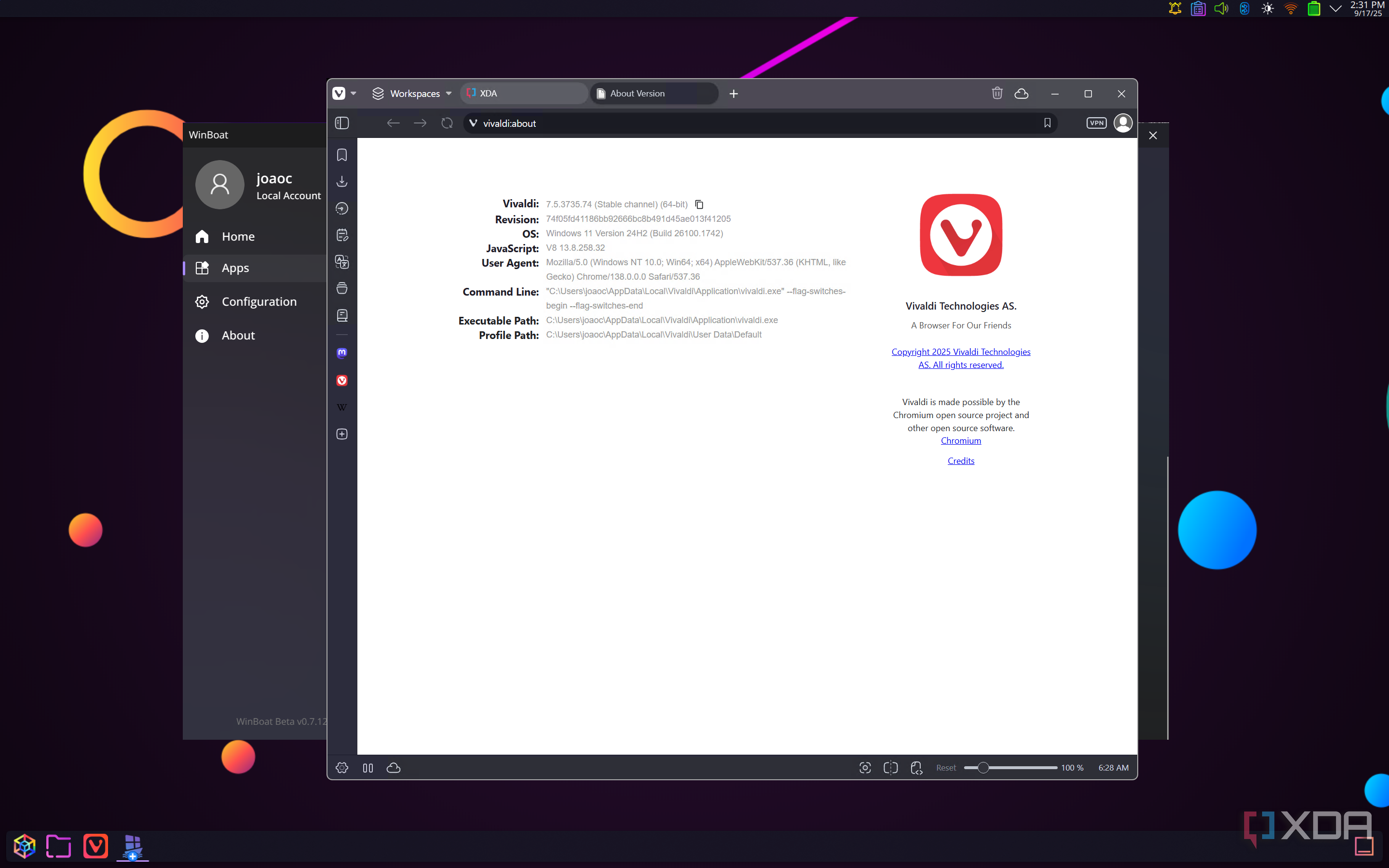 Screenshot of Vivaldi for Windows running on Linux through WinBoat