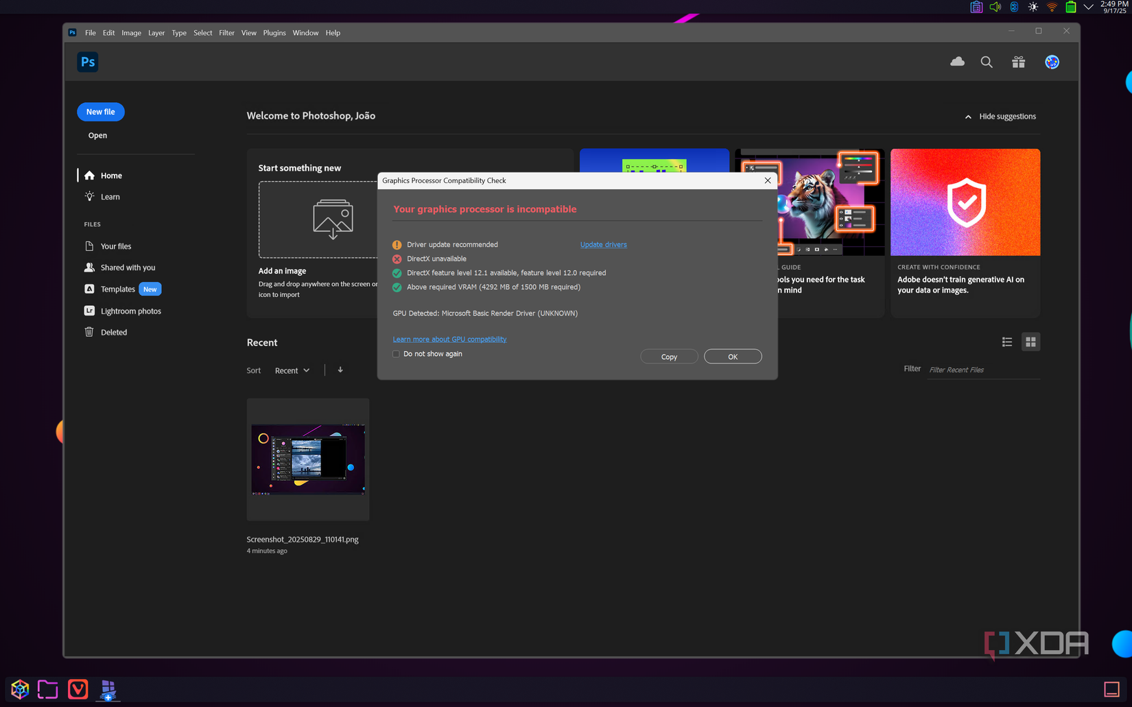Screenshot of Adobe photoshop running on Linux through WinBoat. An error emssage is shown showing the GPU isn't compatible