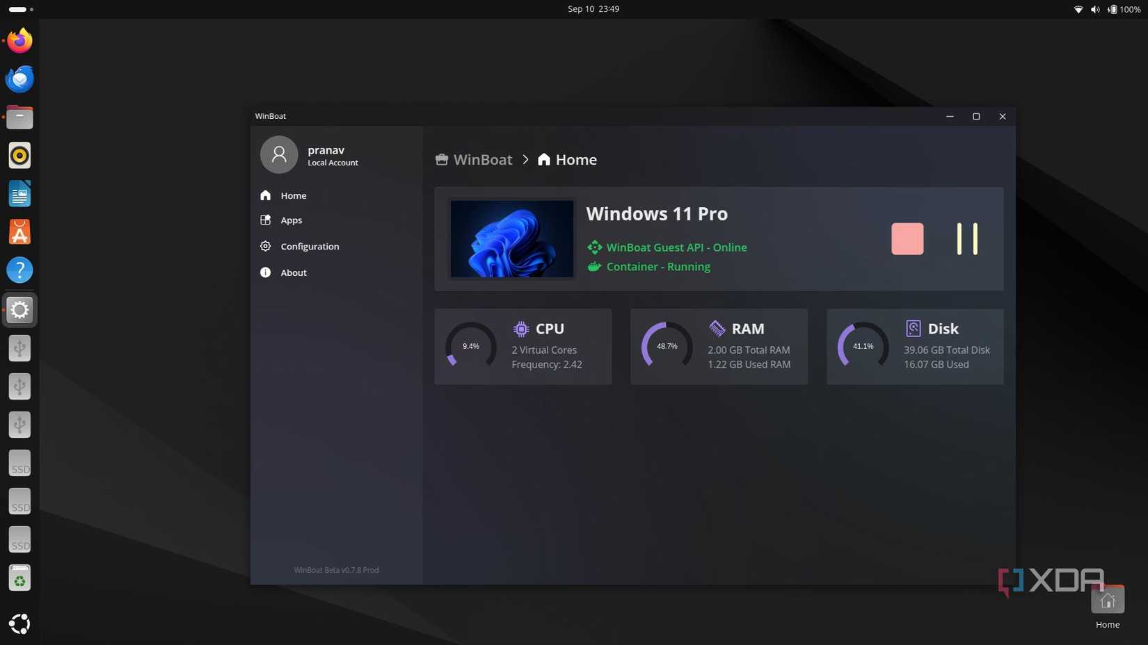 Инструмент WinBoat позволяет запускать приложения Windows на Linux через Docker Контейнер Windows 11 Pro в интерфейсе WinBoat