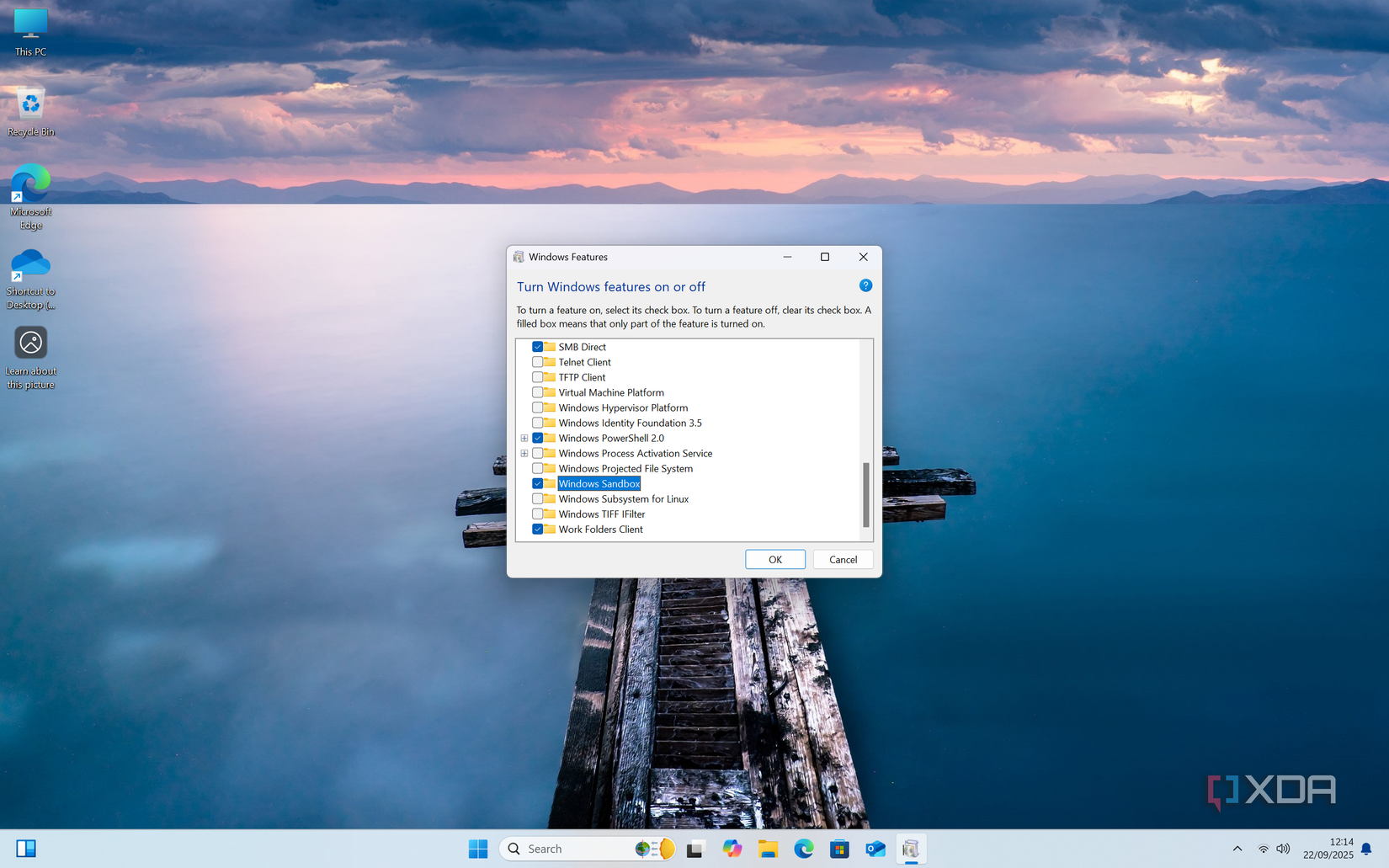 Screenshot of the WIndows optional features list showing Windows Sandbox is highlighted