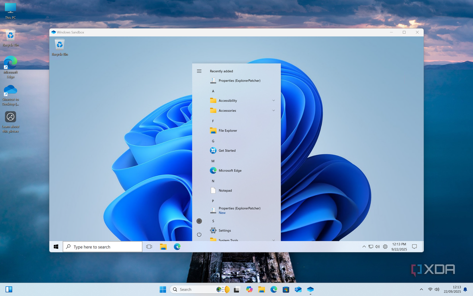 Screenshot of a broken Start menu inside WIndows Sandbox on Windows 11