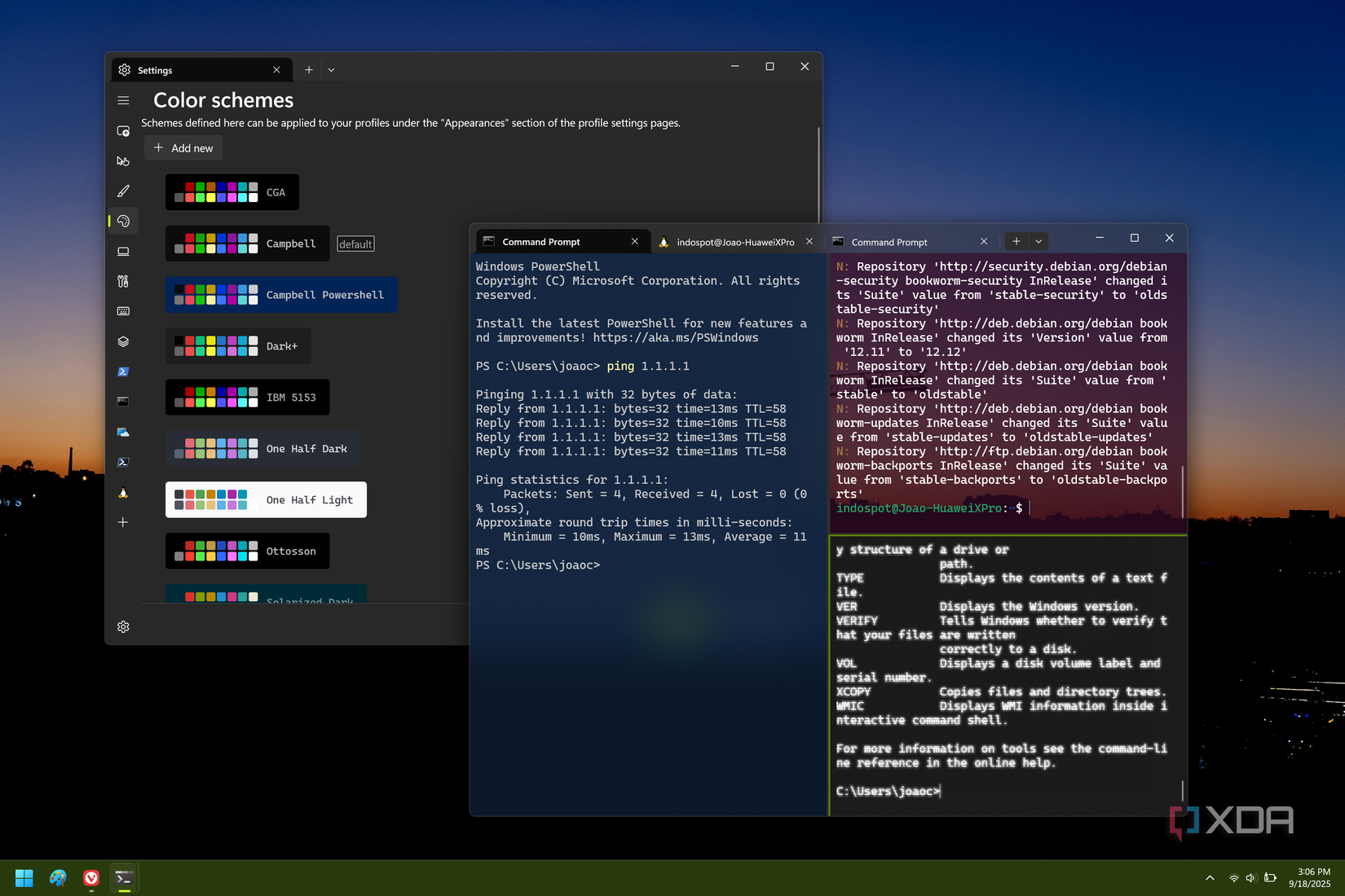 Screenshot of Windows Terminal showing various panes with customized appearance settings. The app's appearance settings page is also shown