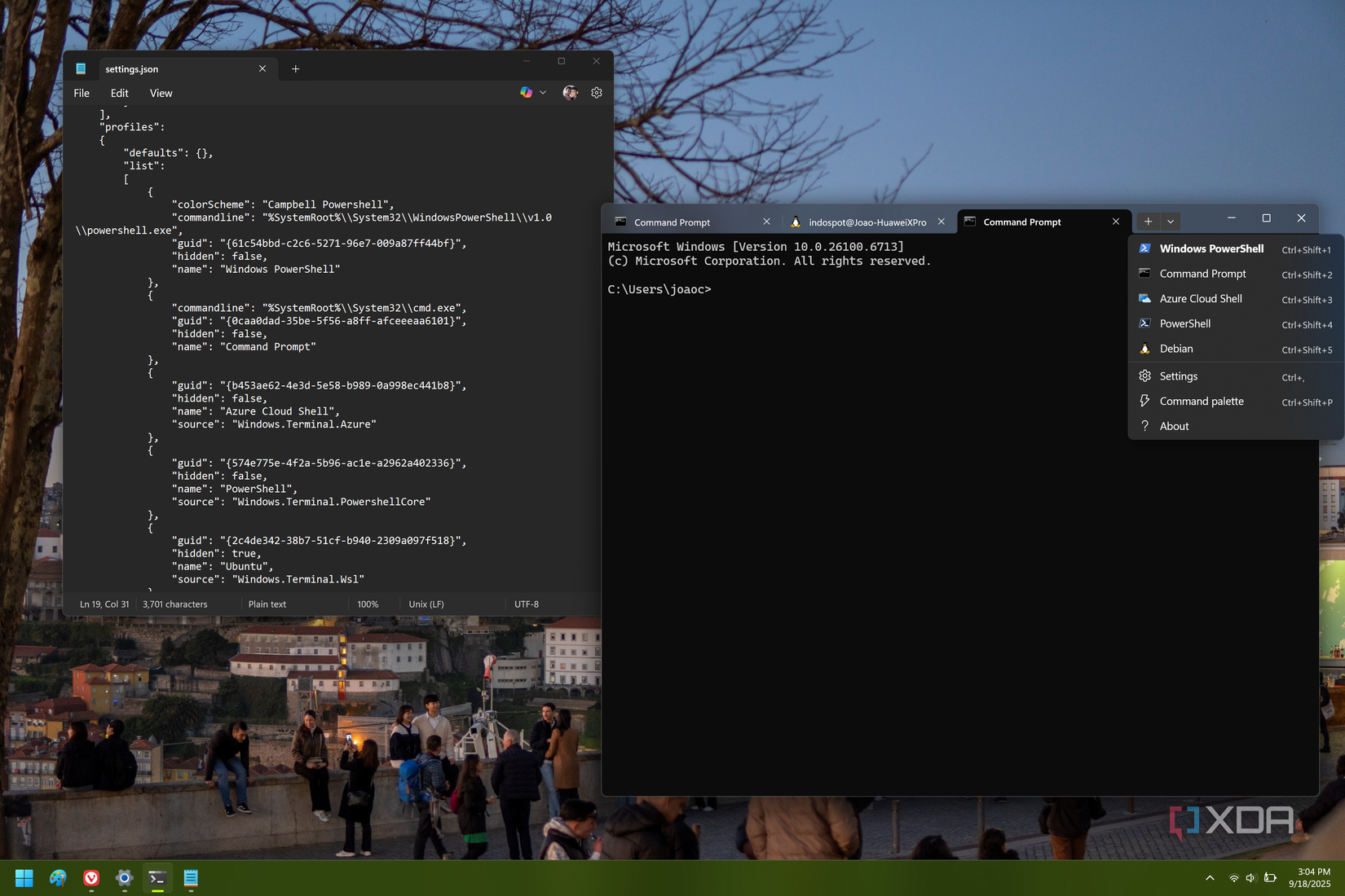Screenshot of the Windows Terminal configuration file showing the list of profiles, with the app itself showing profiles in the same order in a dropdown menu