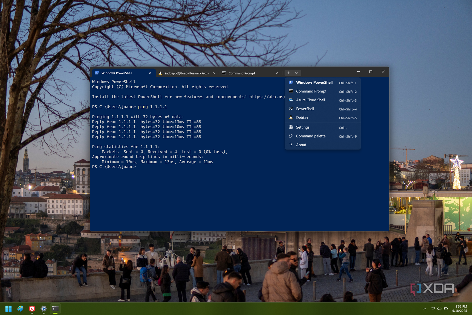 Screenshot of Windows Terminal showing tabs with different profiles, along with a dropdown menu showing them