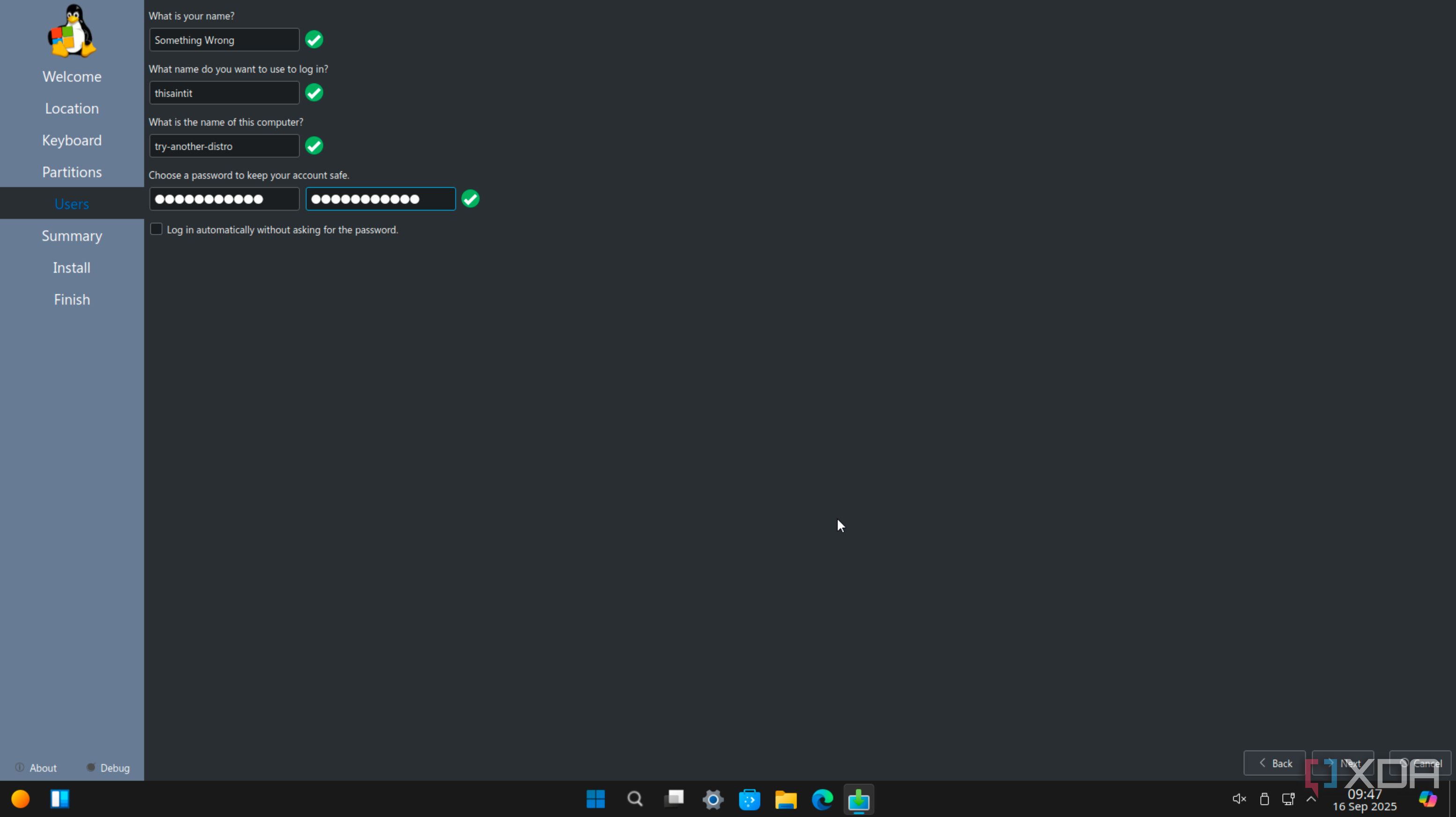 Winux installer credentials