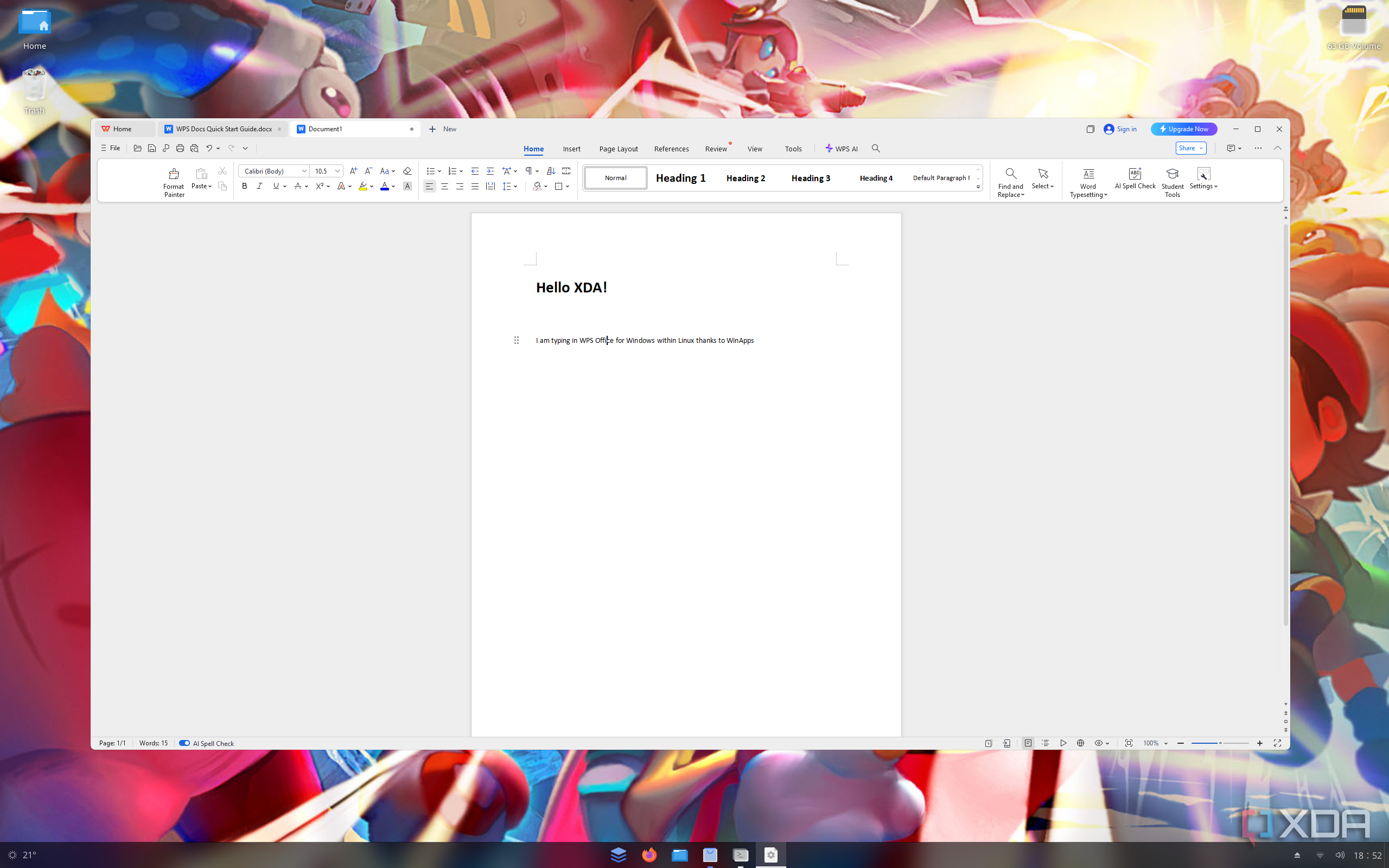 Screenshot of WPS Office for Windows running in Linux using WinApps