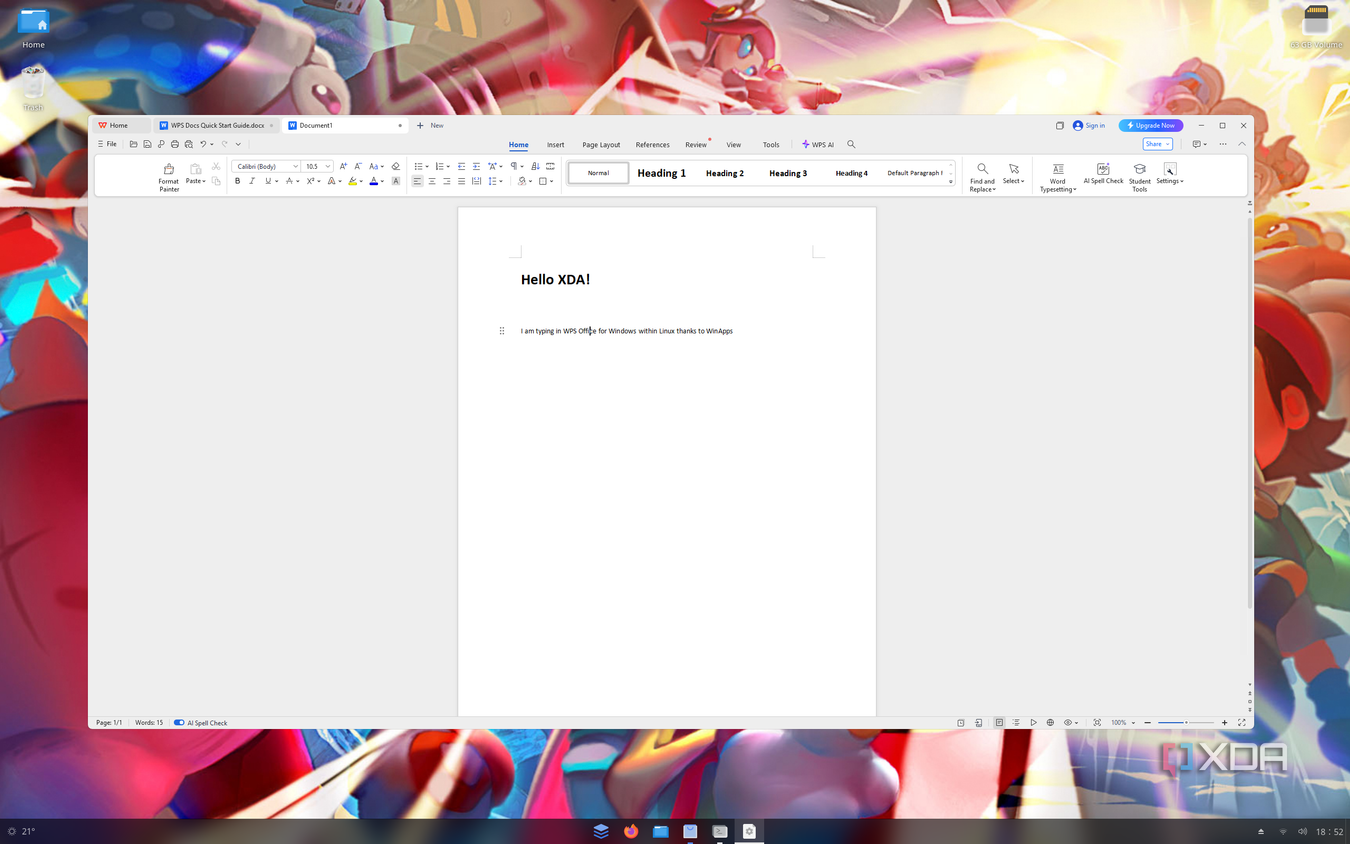 Screenshot of WPS Office for Windows running in Linux using WinApps