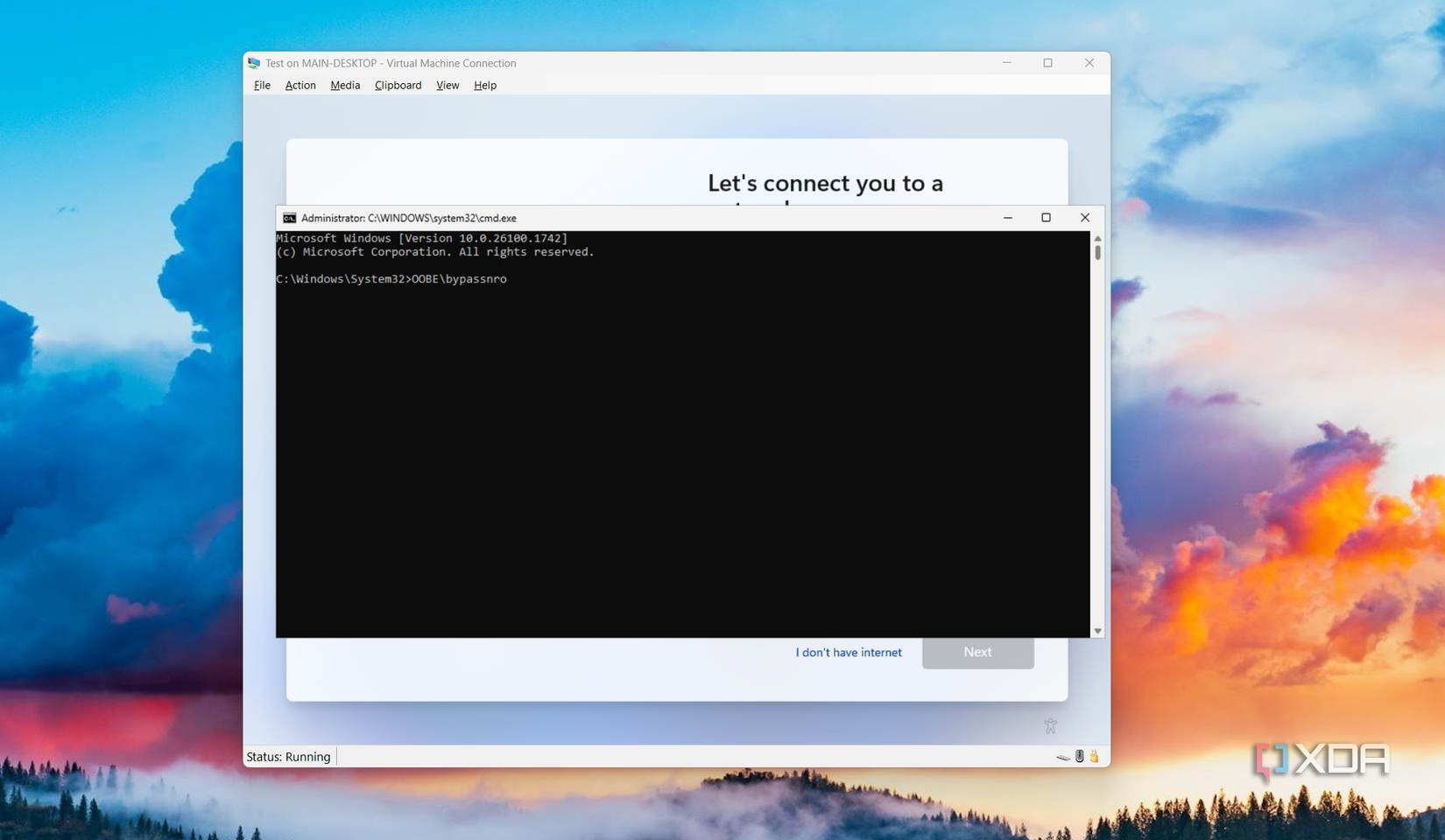 A screenshot of the oobe\bypassnro command running in Windows command prompt.