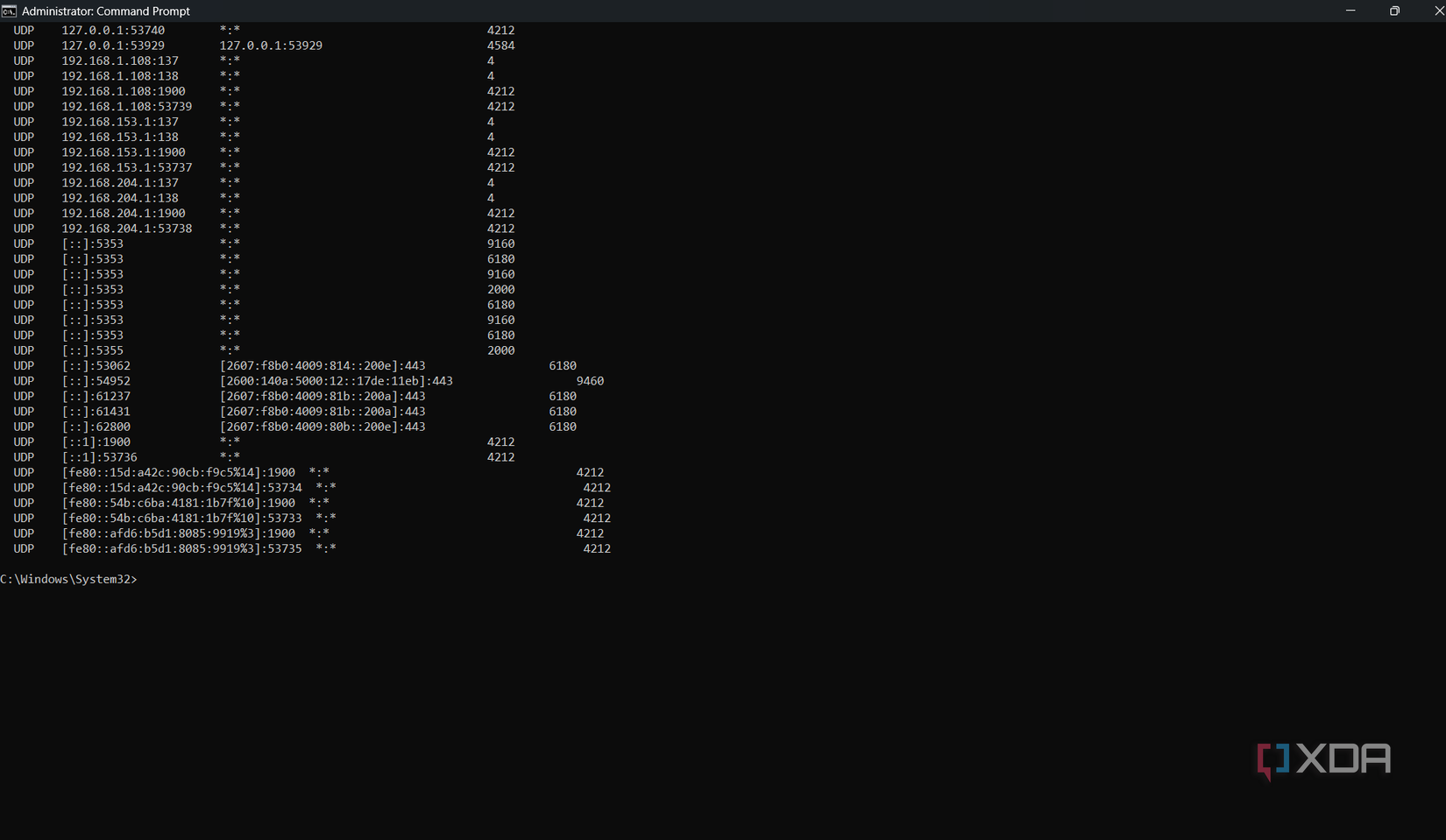 A screenshot of the netstat command running inside a Windows 11 command prompt window.