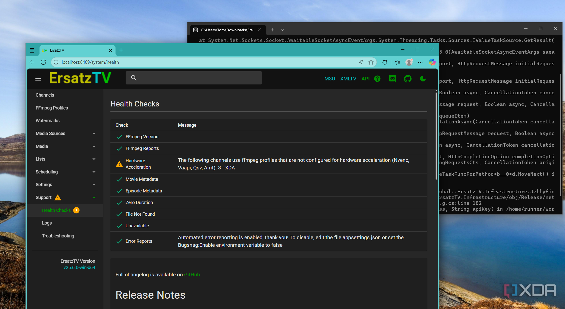 The ErsatzTV main interface running in the browser overlapping its server status in the command prompty window in the background.