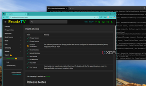 The ErsatzTV main interface running in the browser overlapping its server status in the command prompty window in the background.