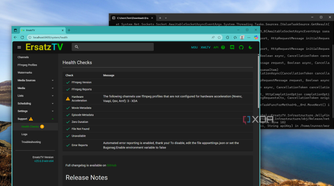 The ErsatzTV main interface running in the browser overlapping its server status in the command prompty window in the background.