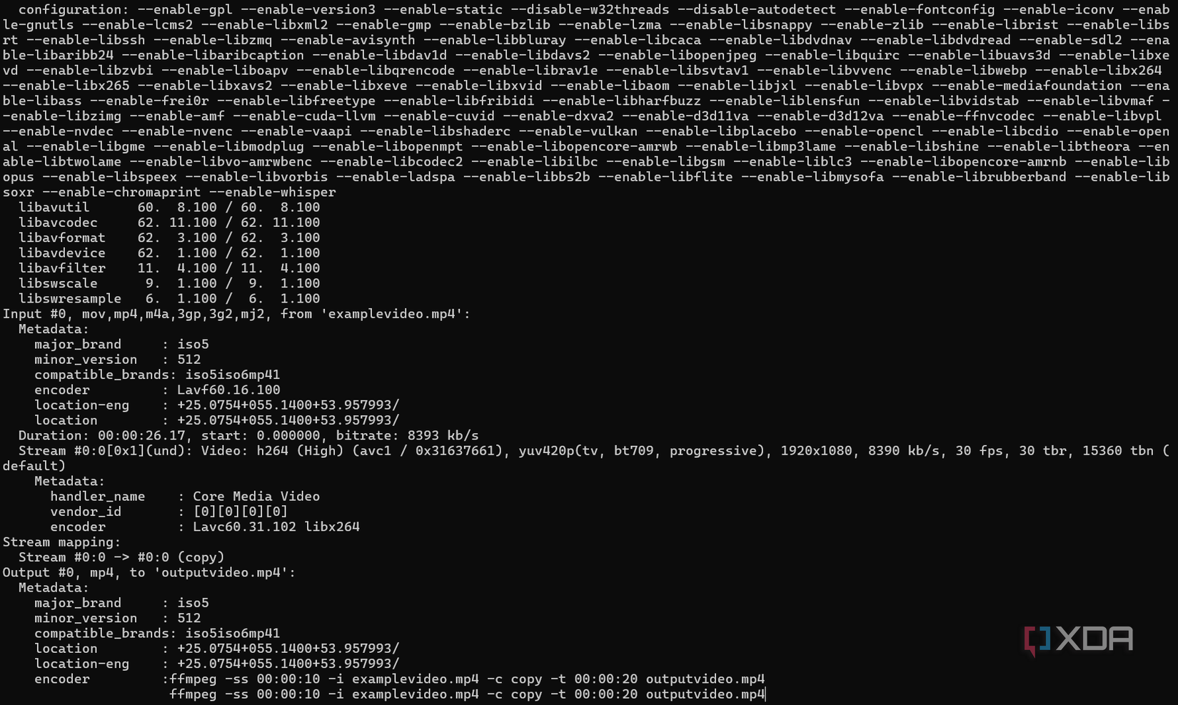 Una captura de pantalla del proceso de corte de video de FFMPEG.