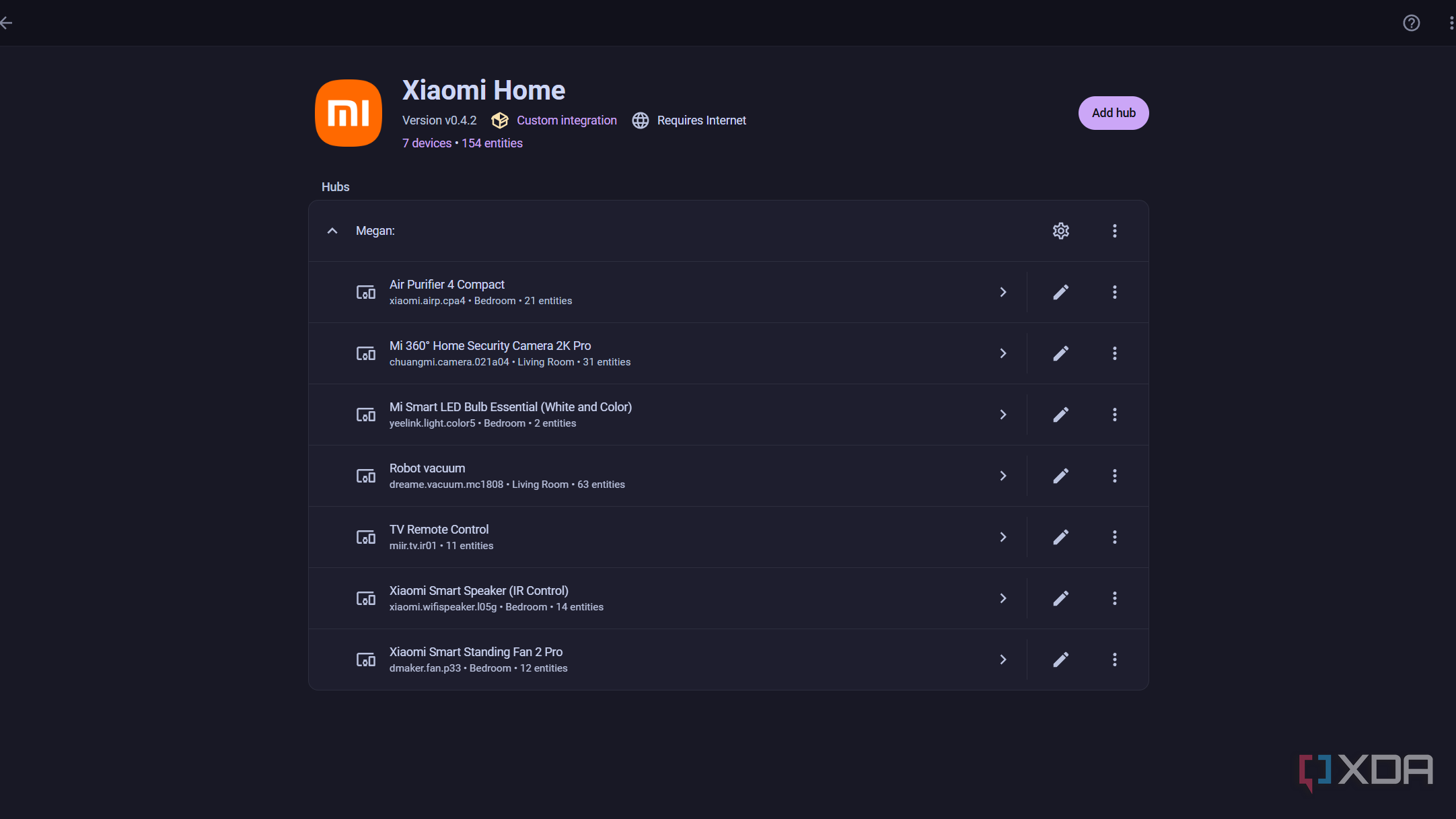 screenshot of xiaomi home custom integration in home assistant