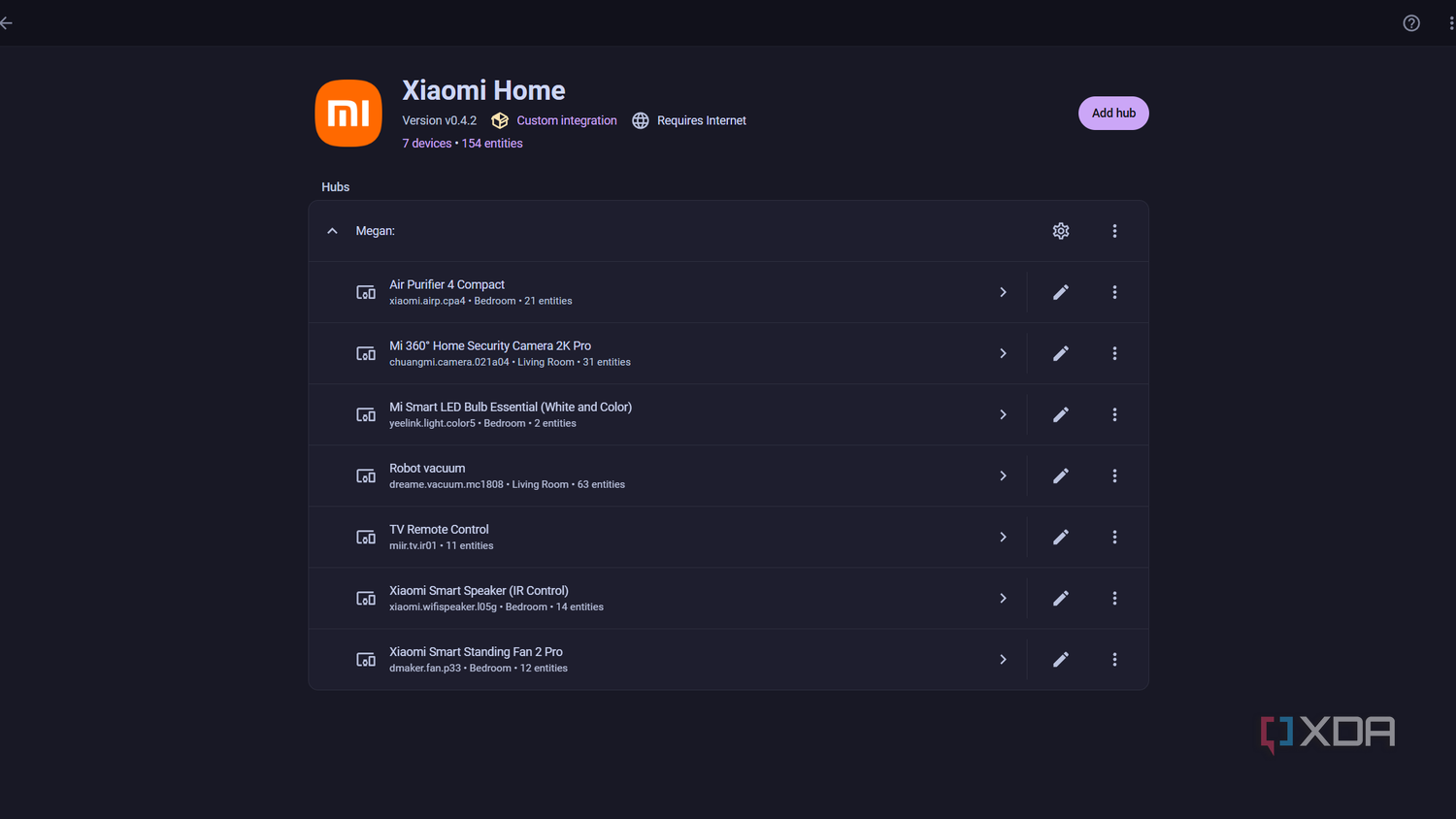 screenshot of xiaomi home custom integration in home assistant