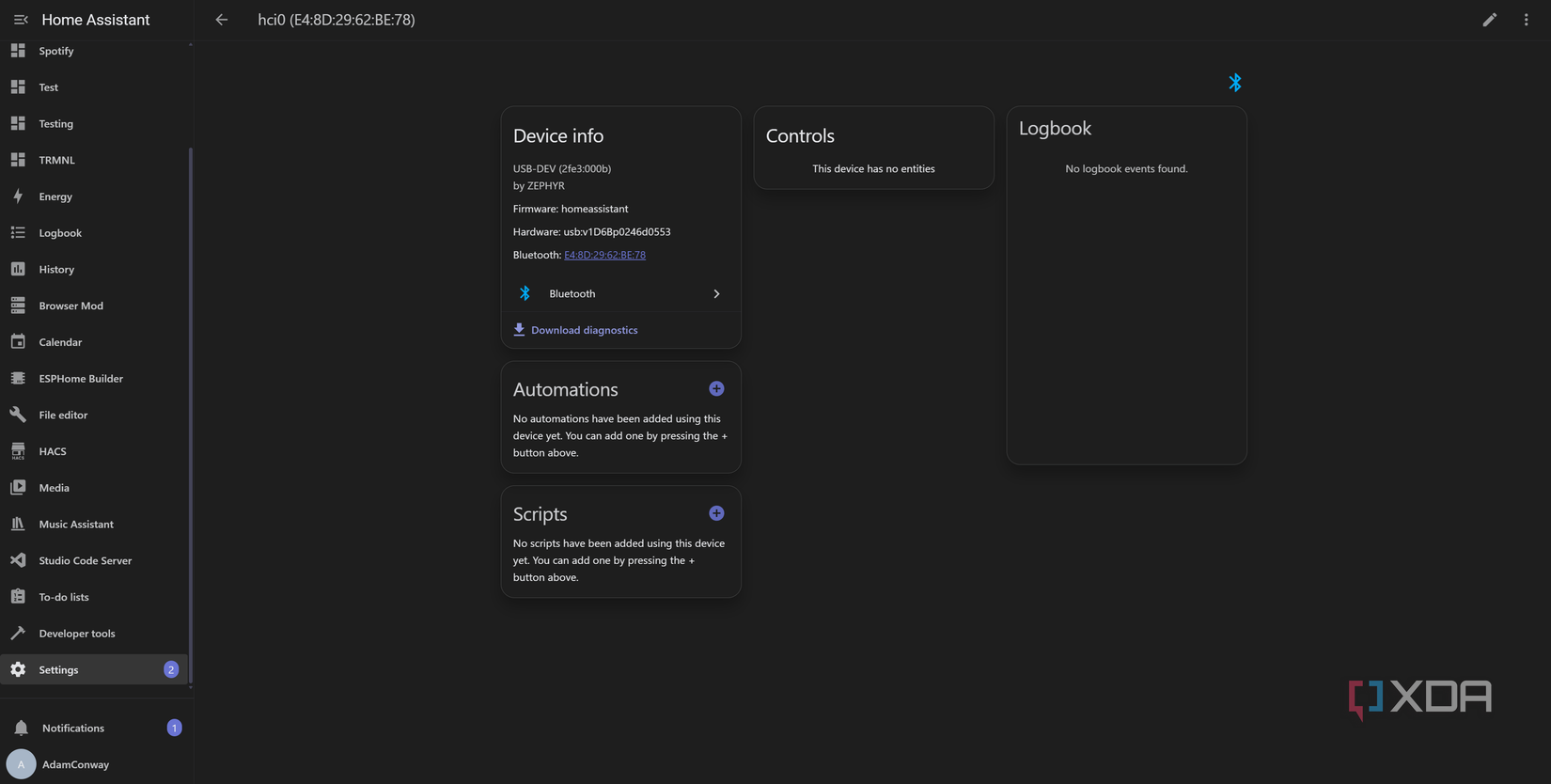 Device info for a Zephyr Bluetooth device in Home Assistant