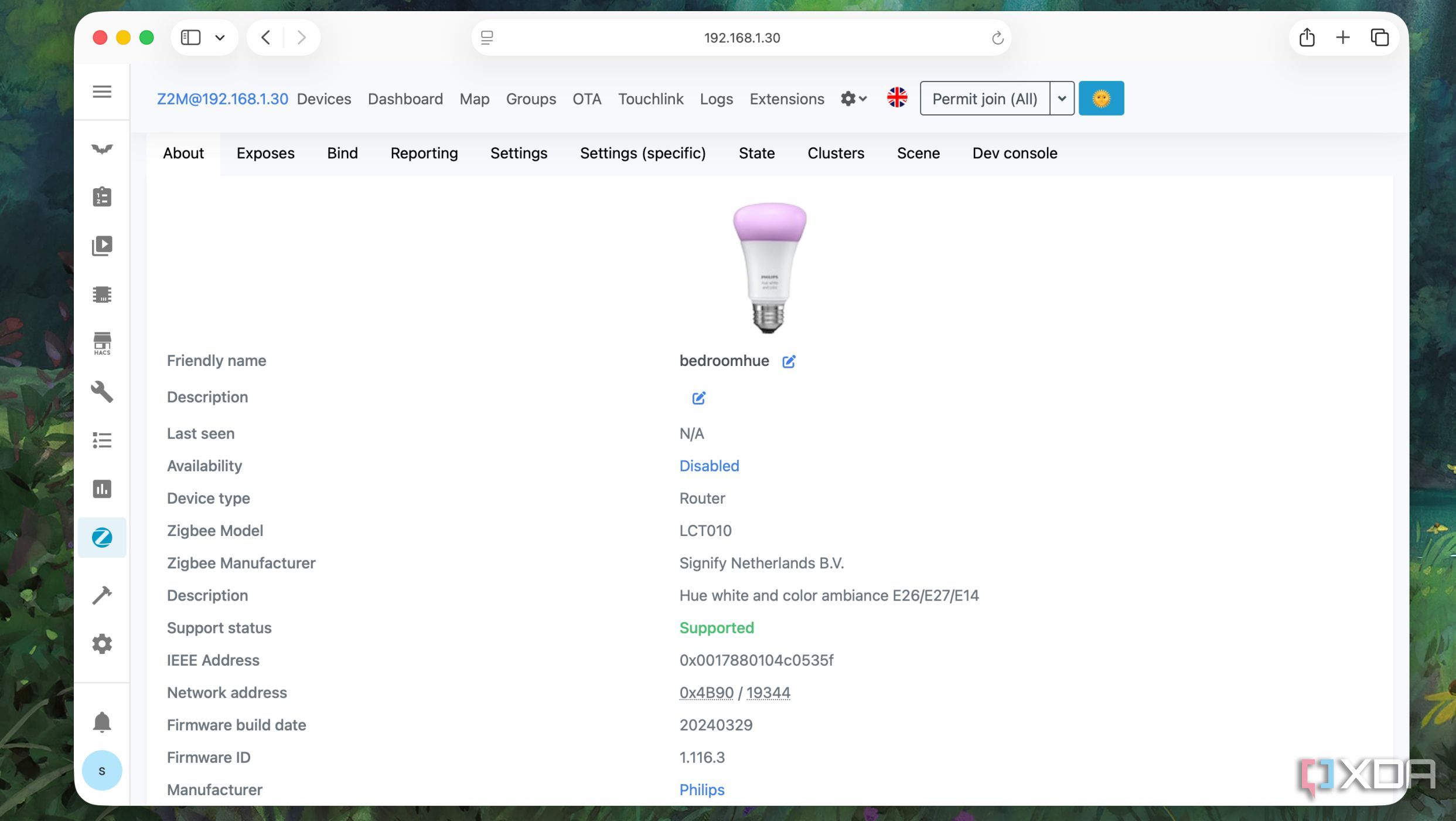 Philips Hue smart bulb set up as a Zigbee2mqtt device