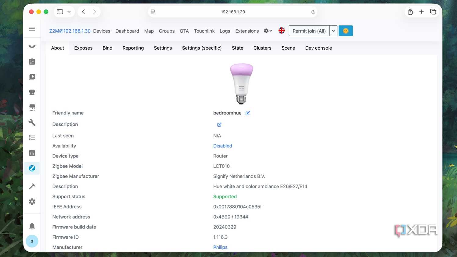 Philips Hue smart bulb set up as a Zigbee2mqtt device