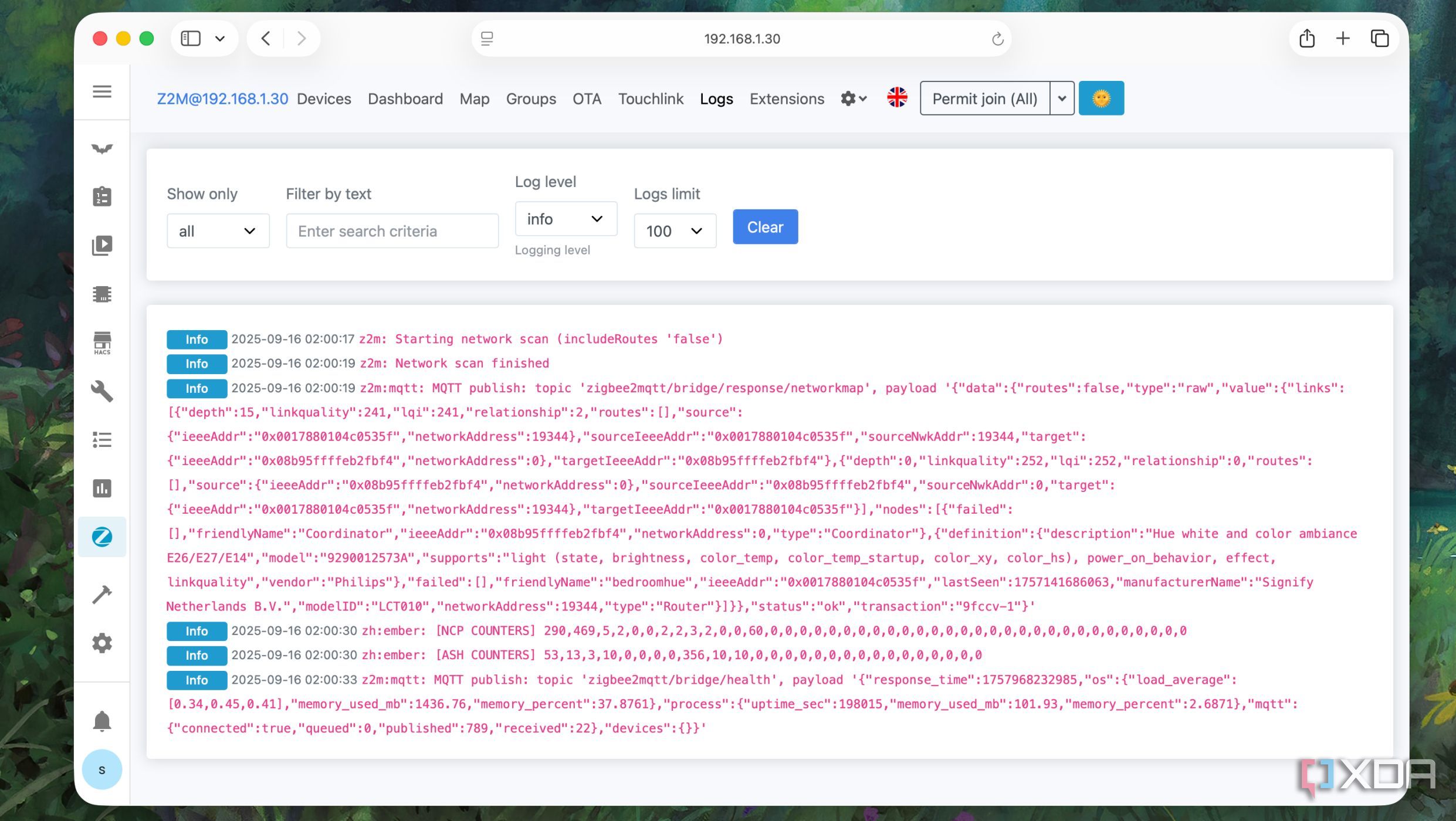 Checking logs in the zigbee2mqtt interface in Home Assistant
