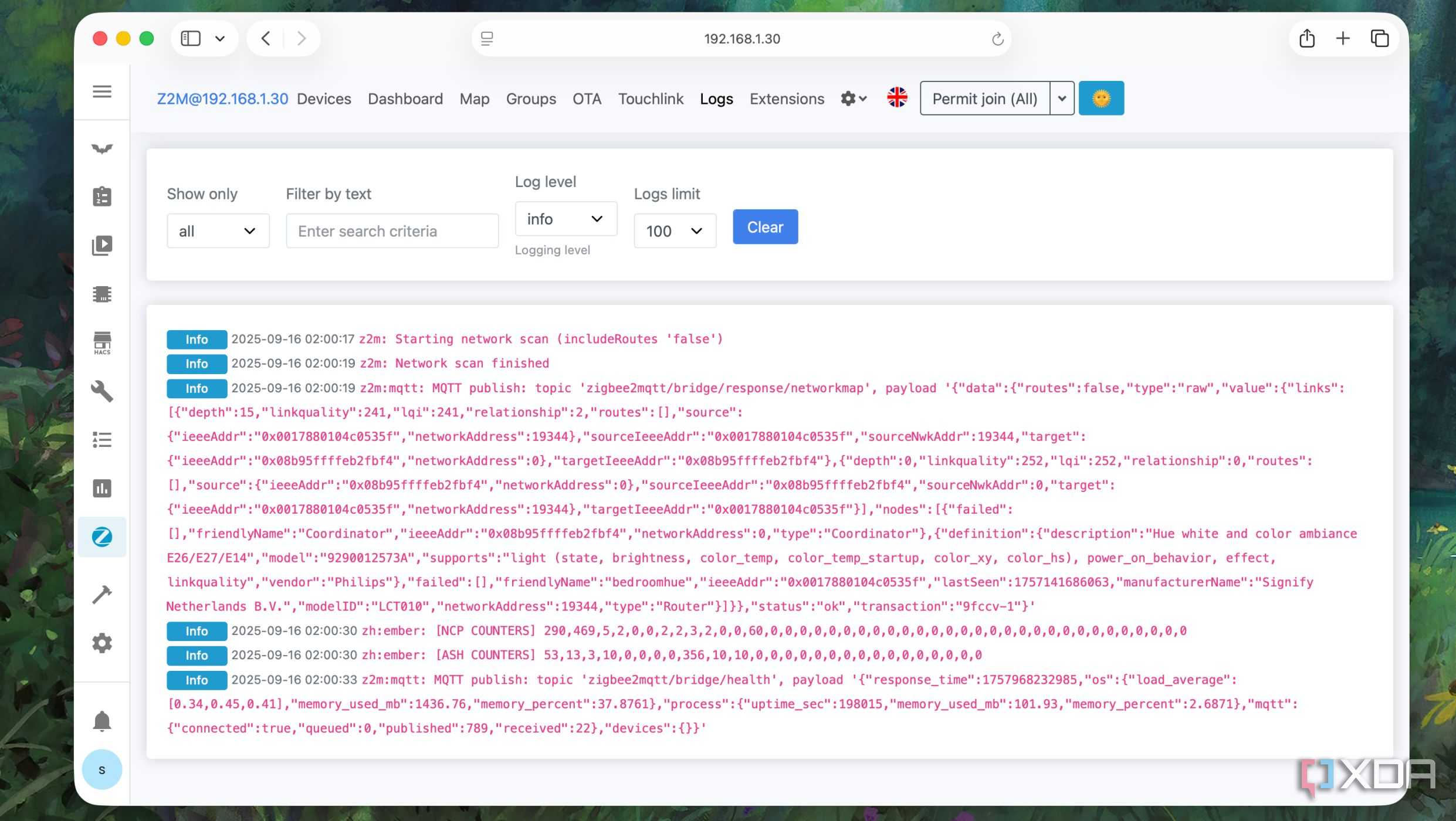 Checking logs in the zigbee2mqtt interface in Home Assistant