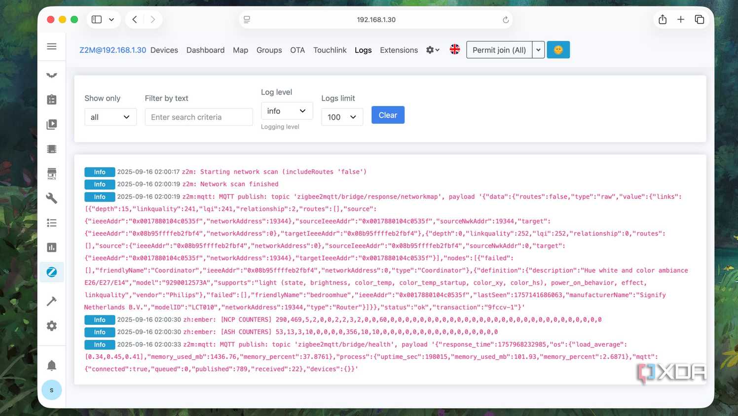 Checking logs in the zigbee2mqtt interface in Home Assistant