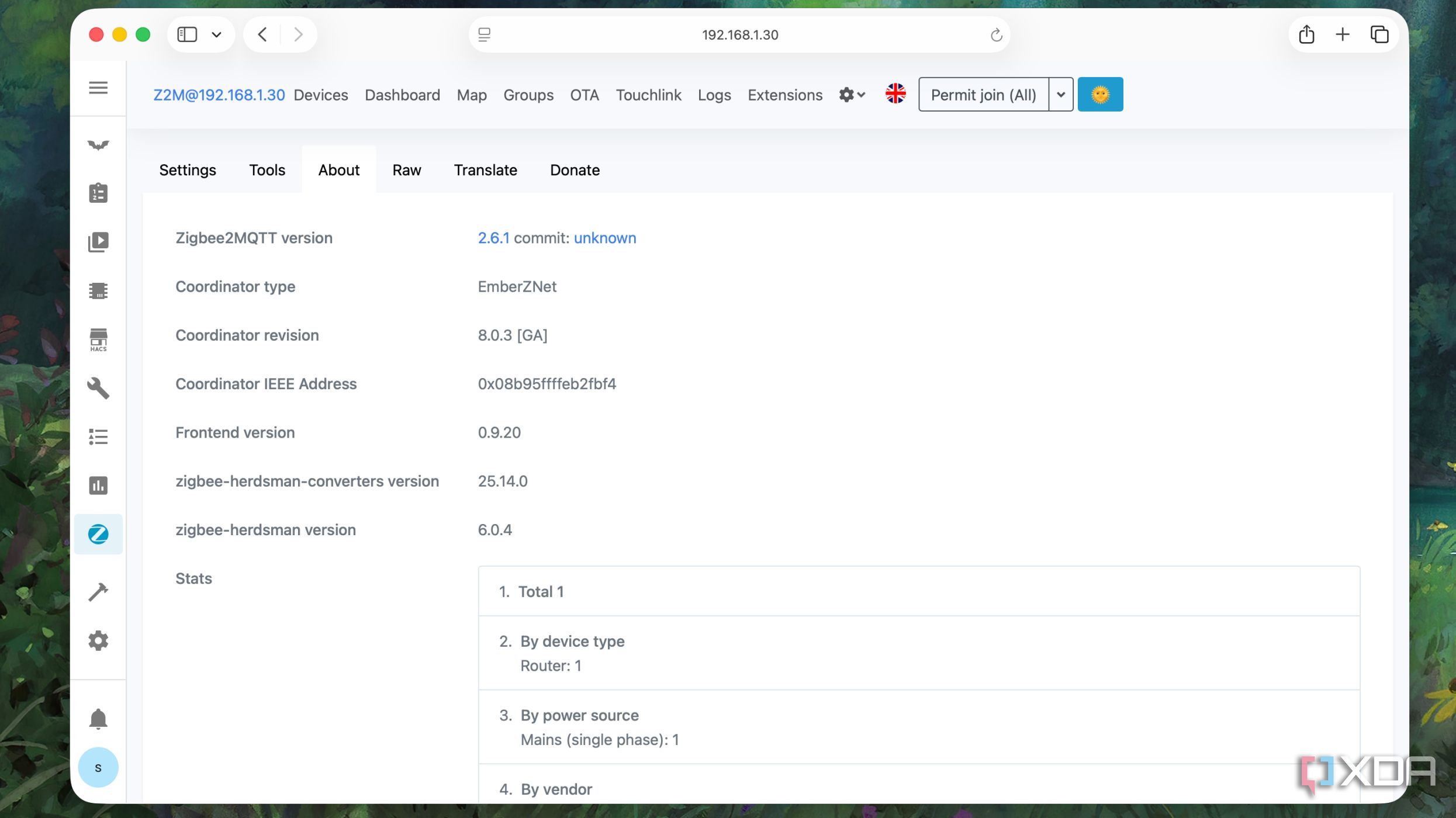 Home Assistant running a zigbee2mqtt version