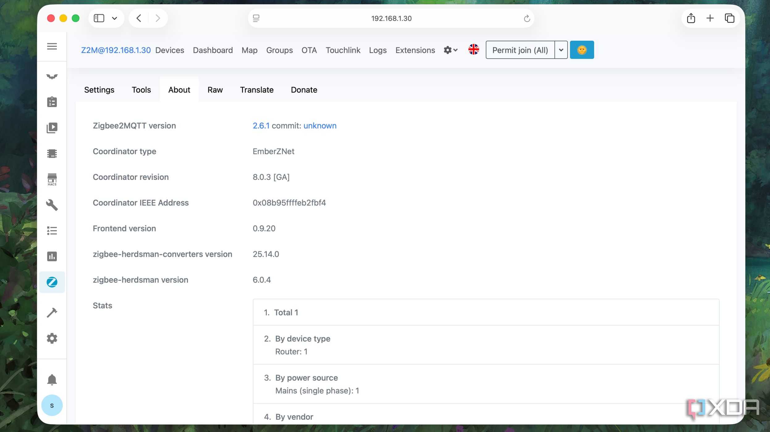 Home Assistant running a zigbee2mqtt version