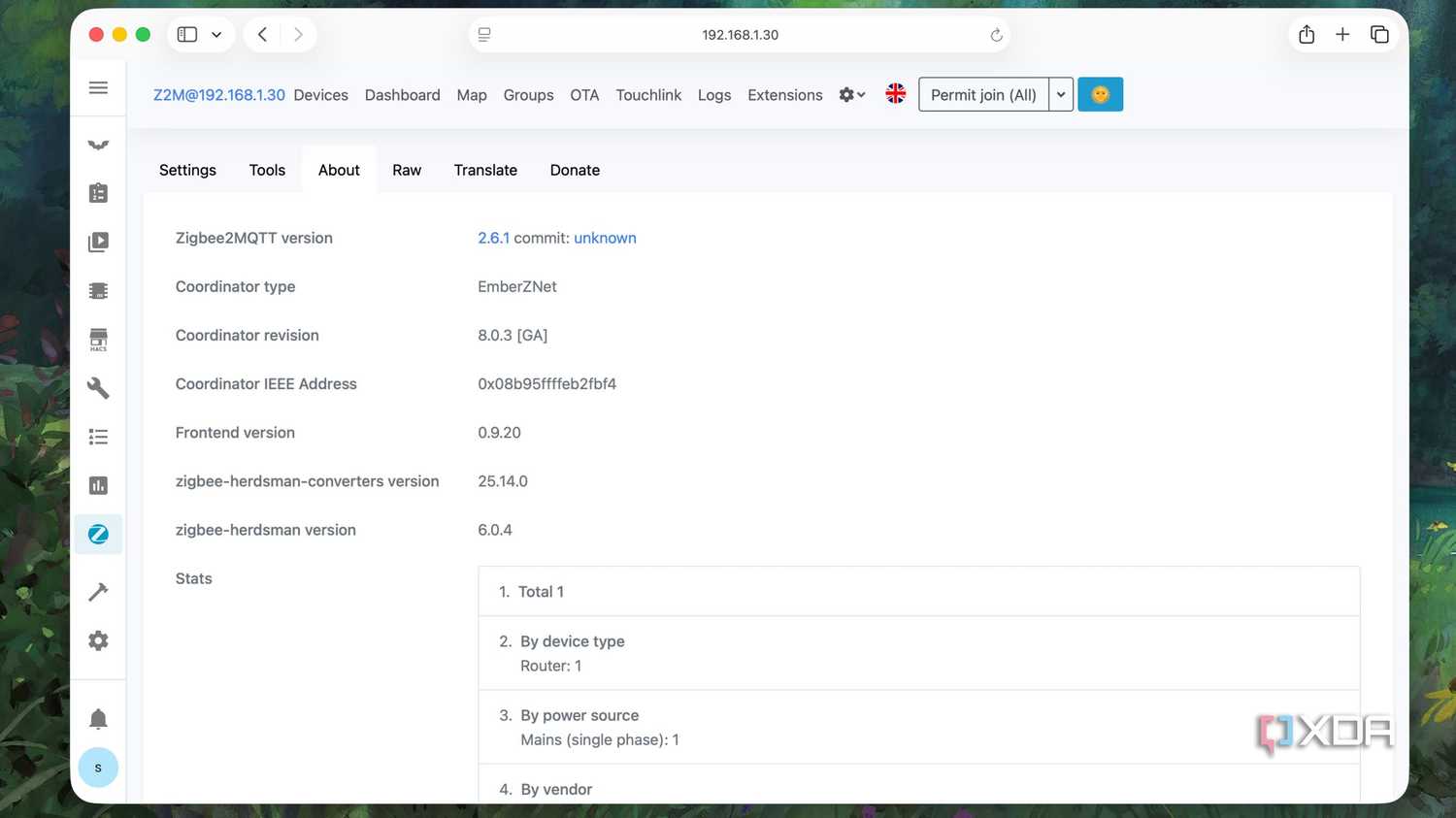 Home Assistant running a zigbee2mqtt version