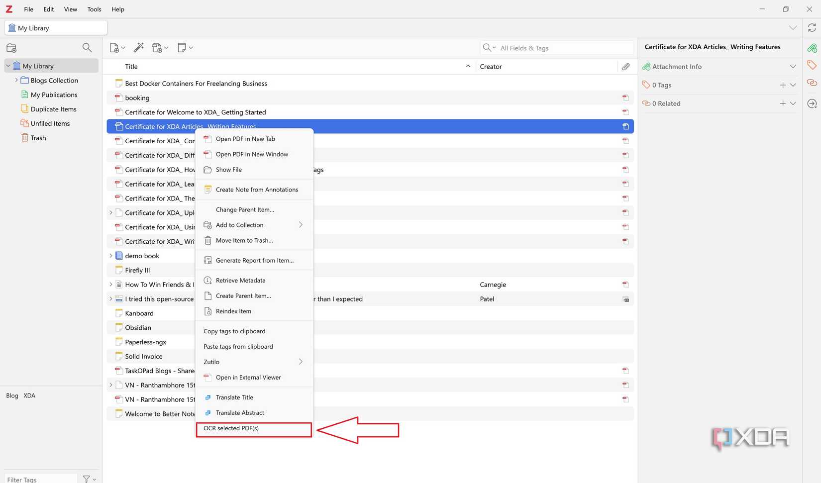 OCR selected PDFs in Zotero