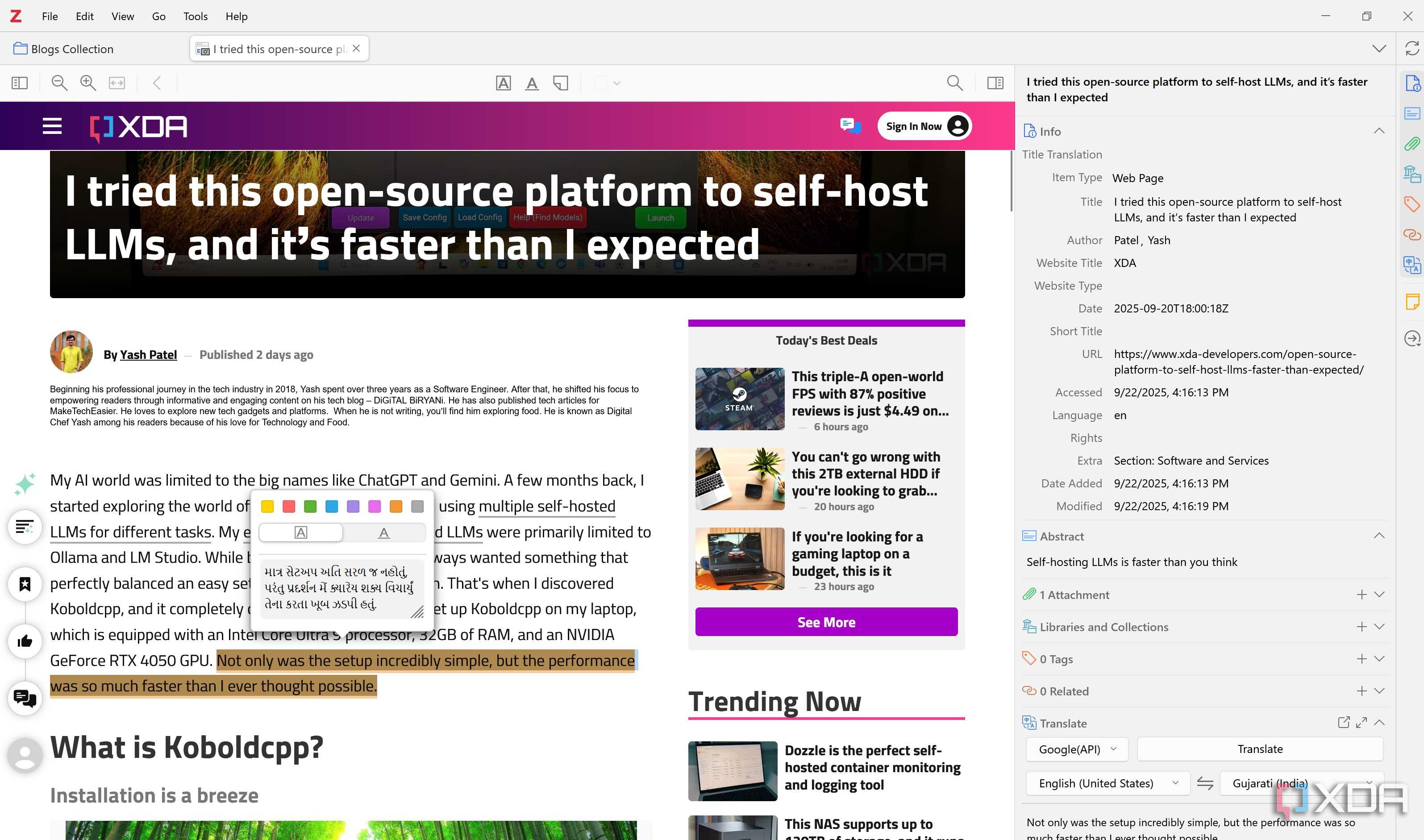 zotero translate annotation pane in the editor