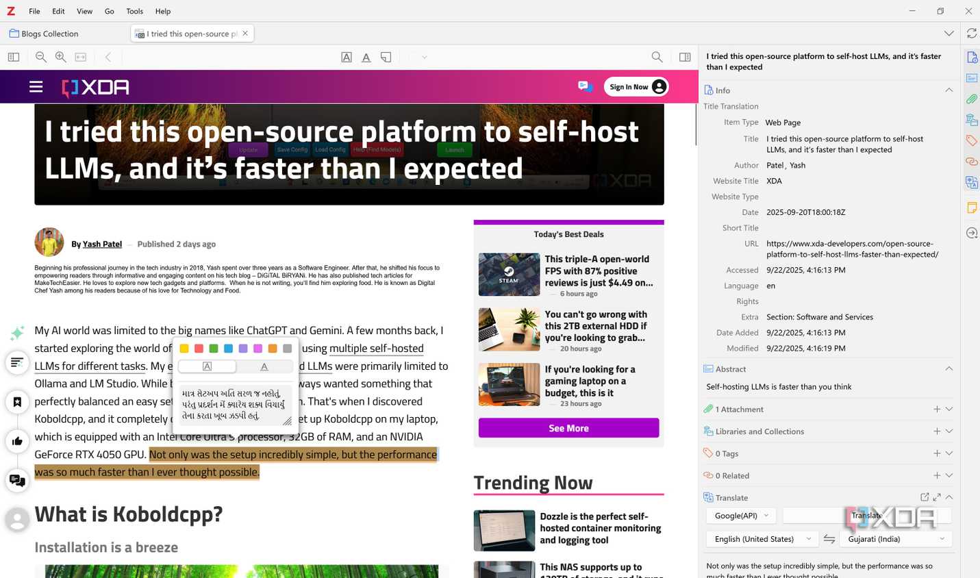 zotero translate annotation pane in the editor