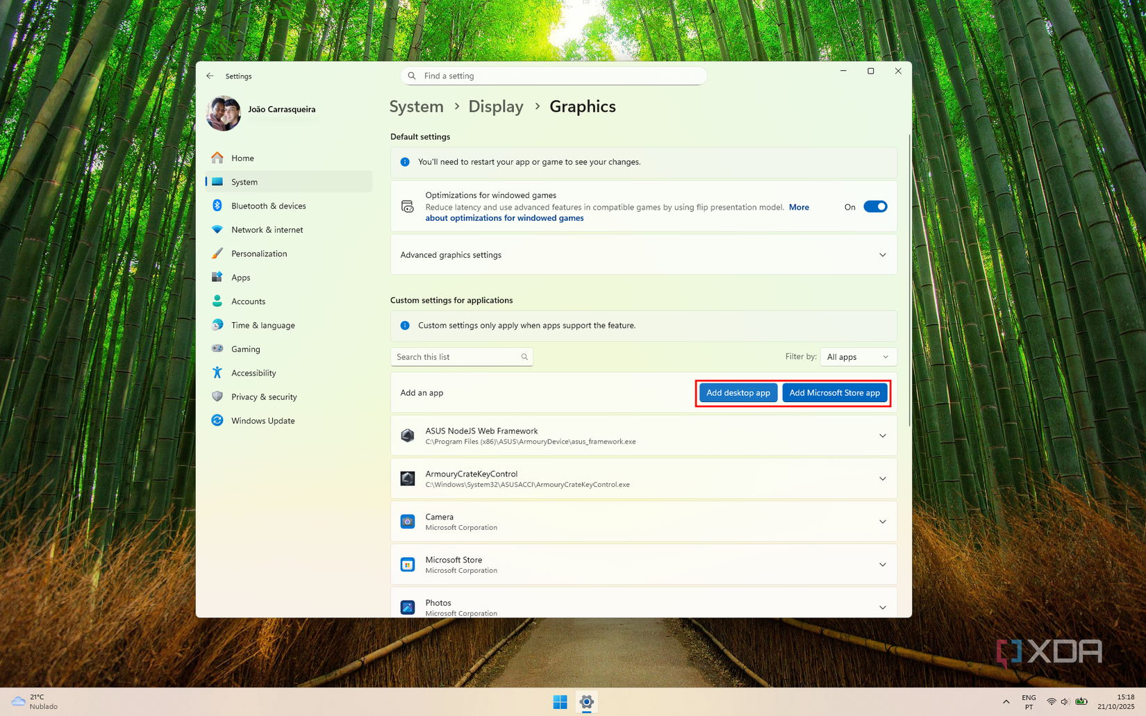 Screenshot of graphics settings on Windows 11 sowing buttons for adding apps to run with custom settings