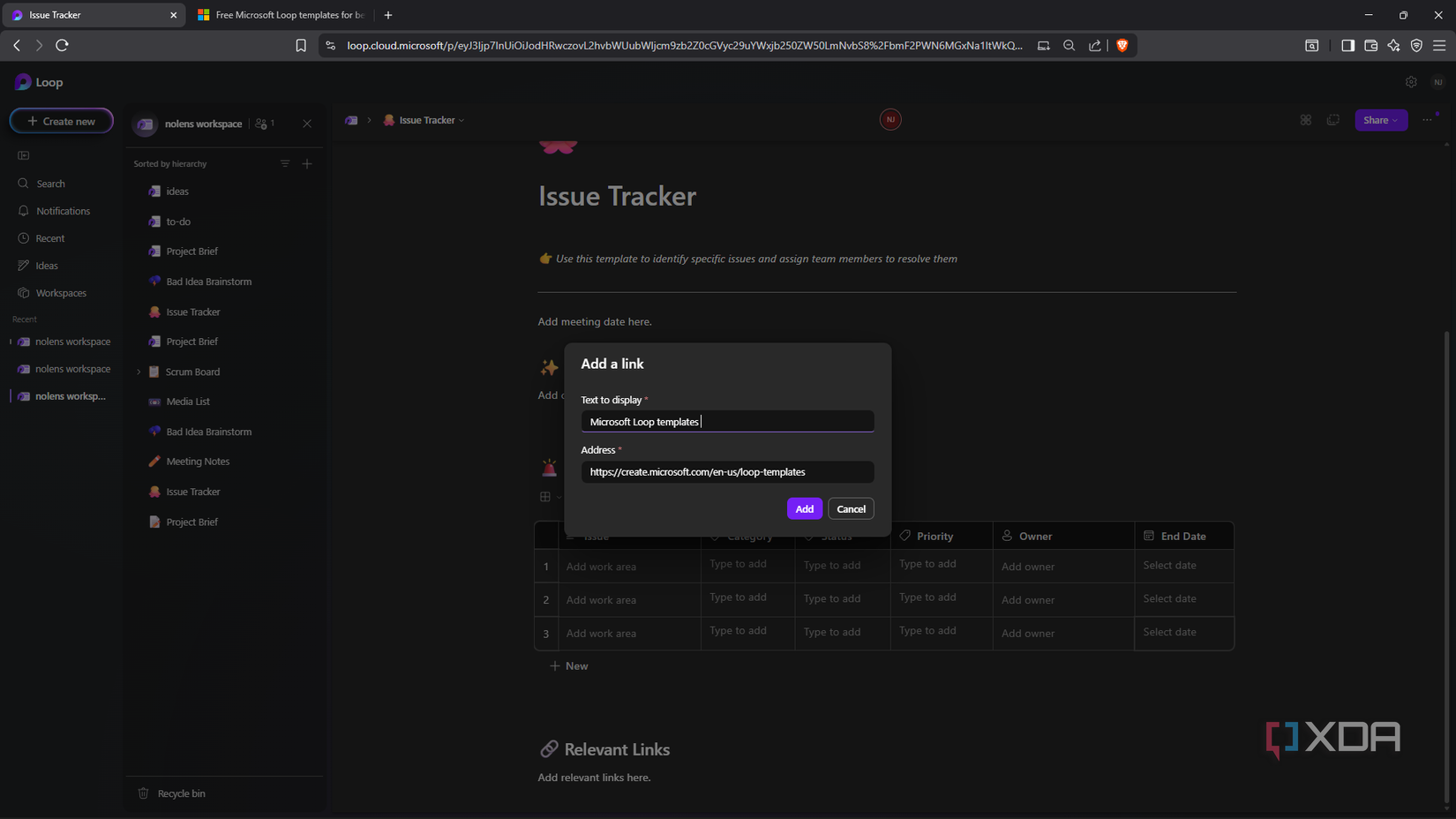Agregar enlace como elemento en Microsoft Loop