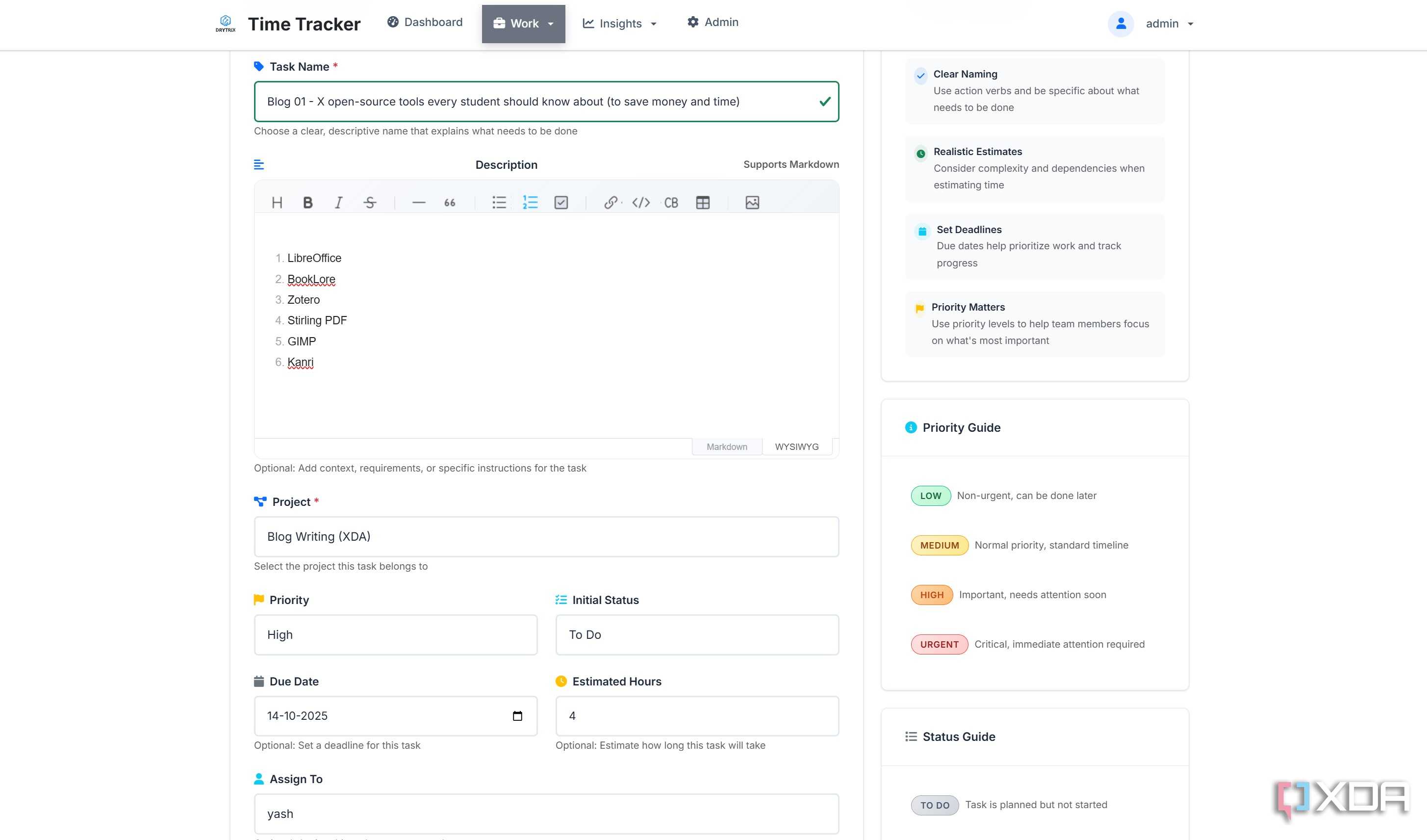 Create new task in Time Tracker