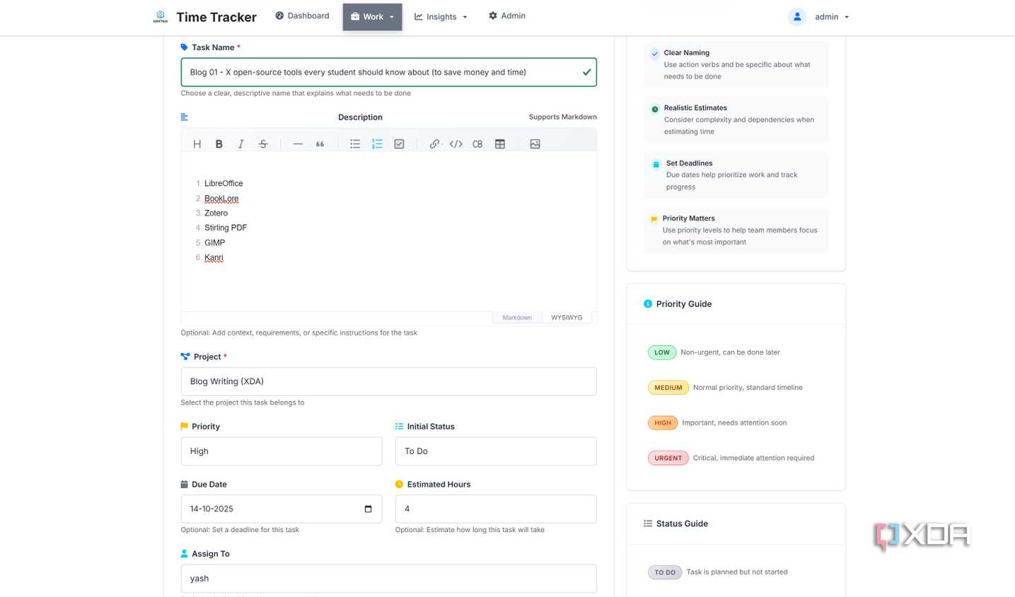 Create new task in Time Tracker