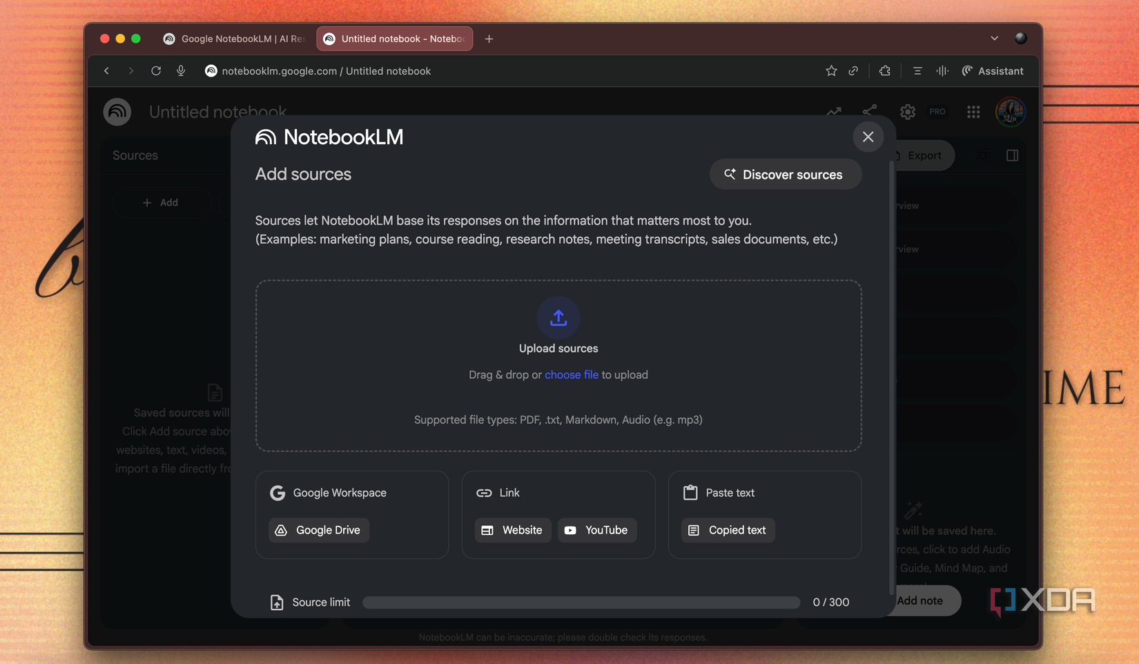 Página Agregar fuentes en NotebookLM mostrada en macOS