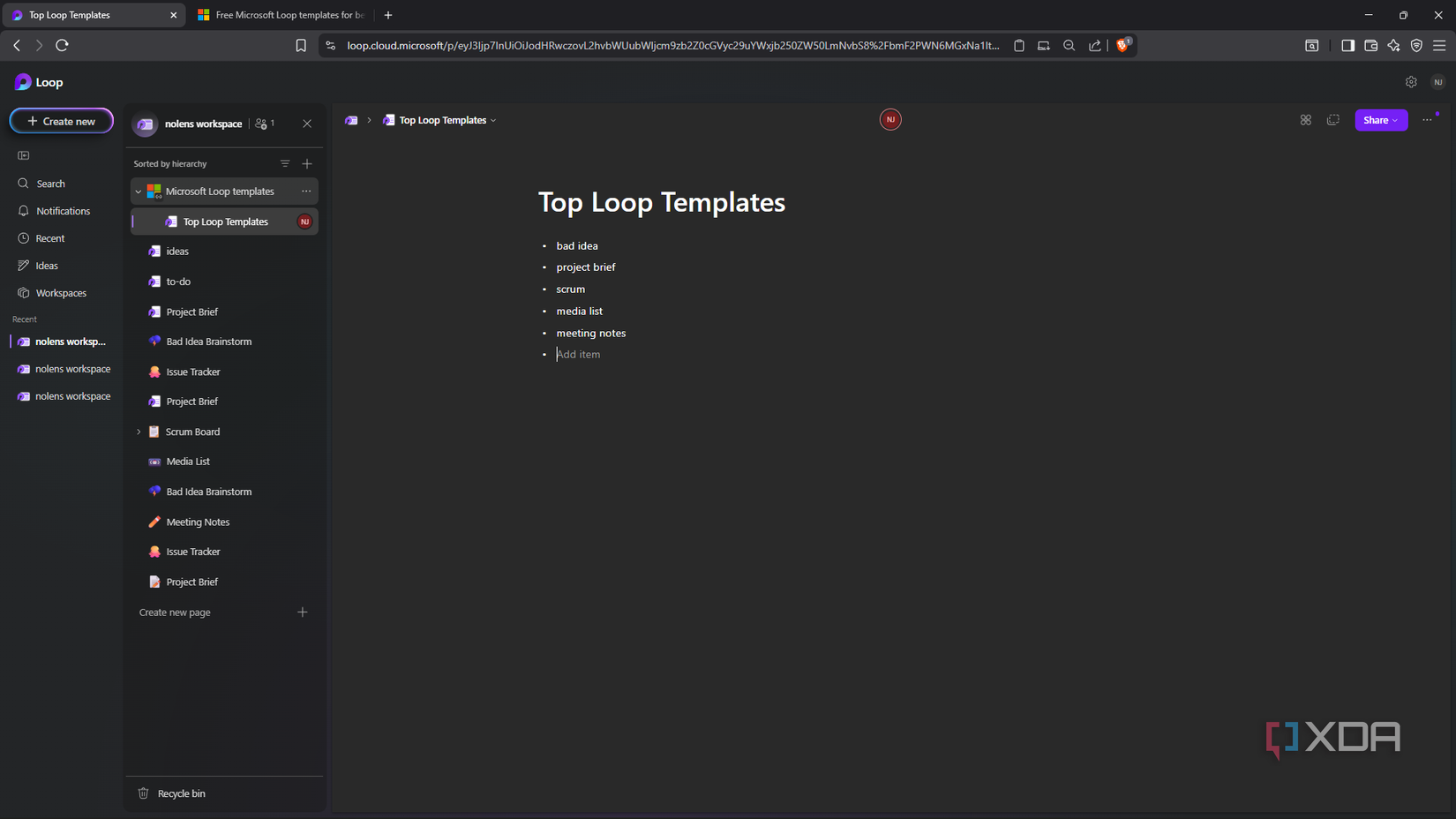 Agregar subpágina al elemento vinculado en Microsoft Loop