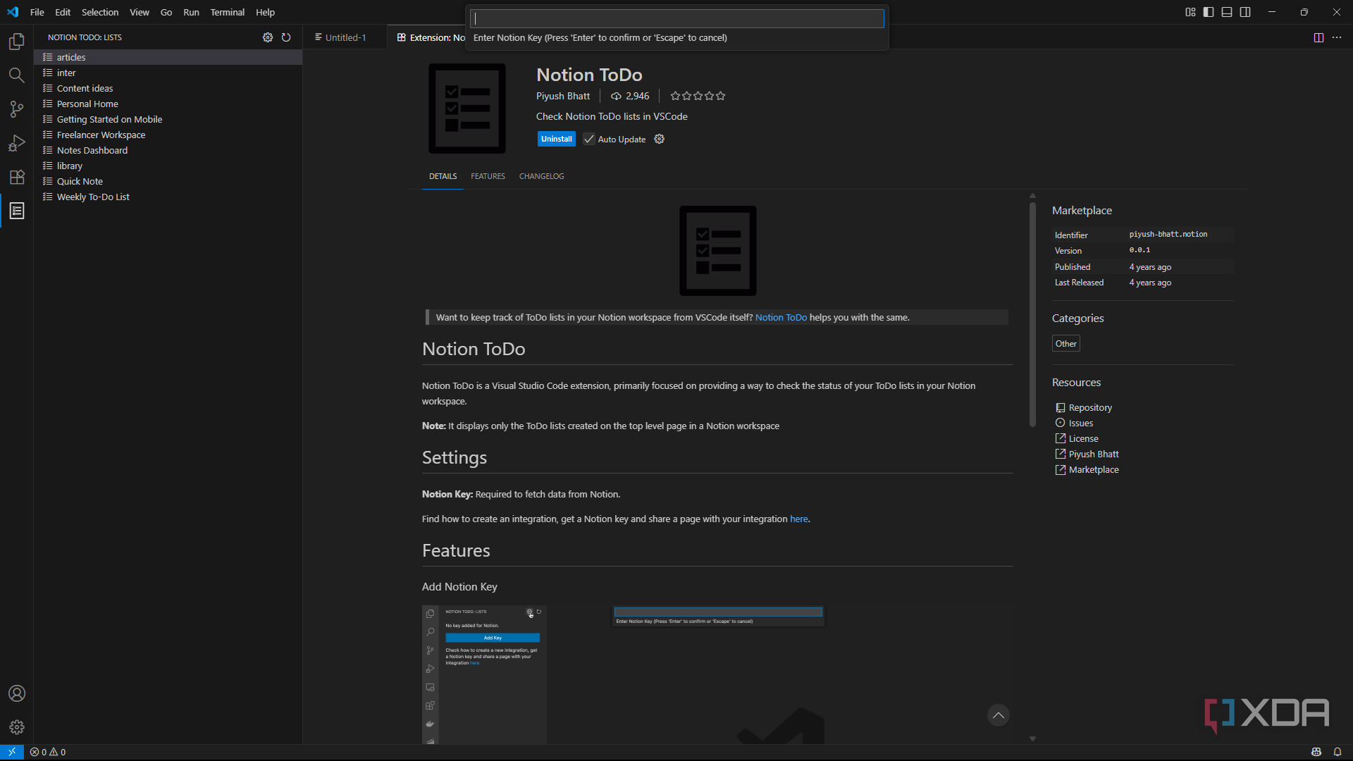 Adding key for Notion ToDo extension in VSCode