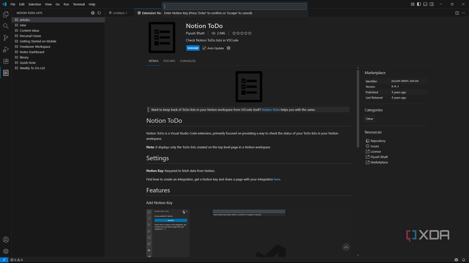 Adding key for Notion ToDo extension in VSCode