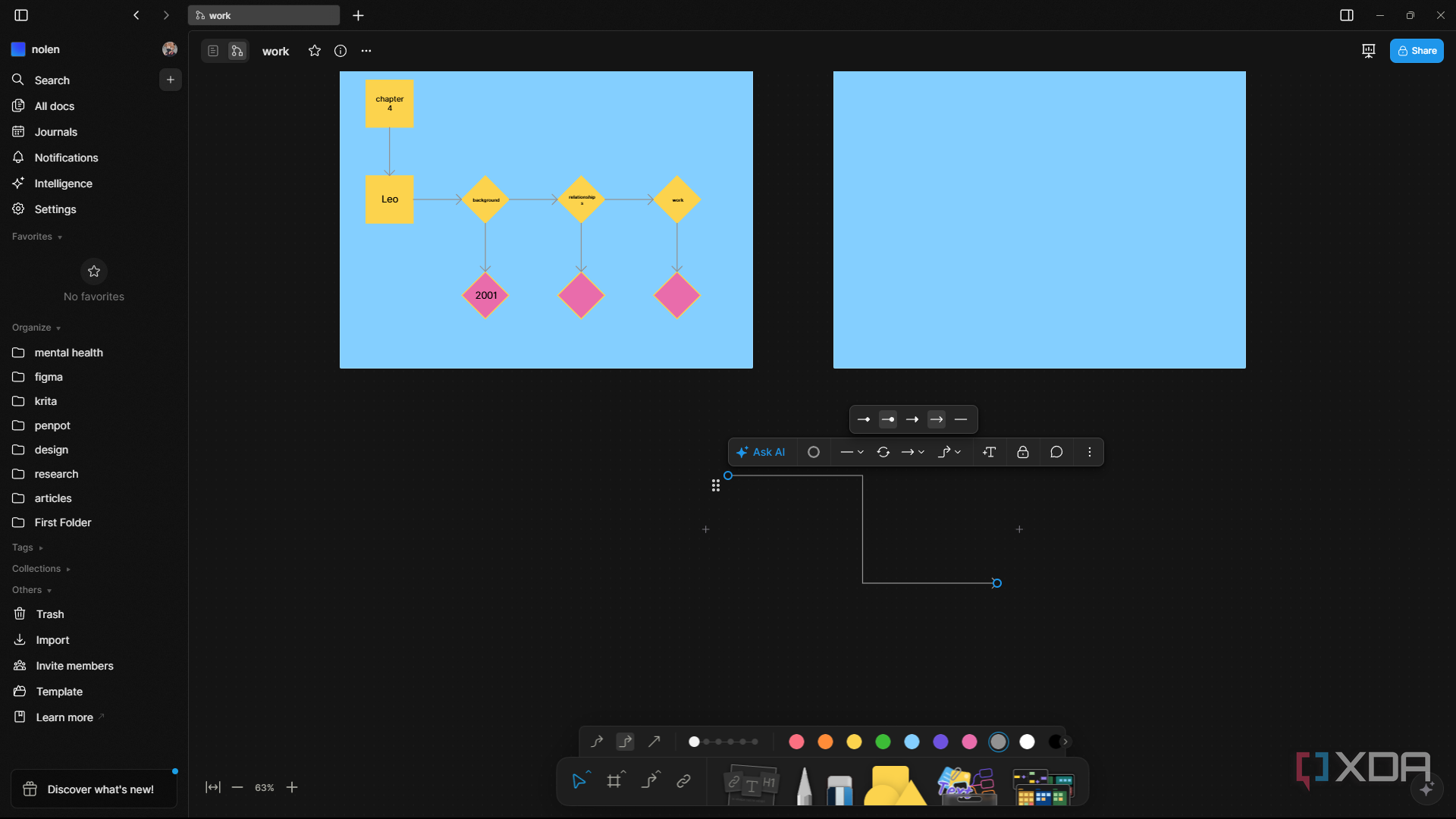 Adding line connectors between frames in AFFiNE's Edgeless mode