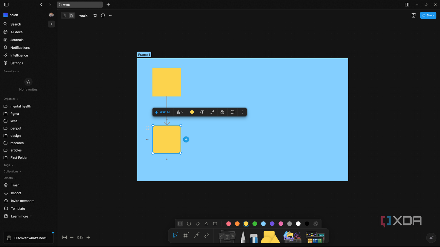 Adding shapes to frame in AFFiNE's Edgeless mode