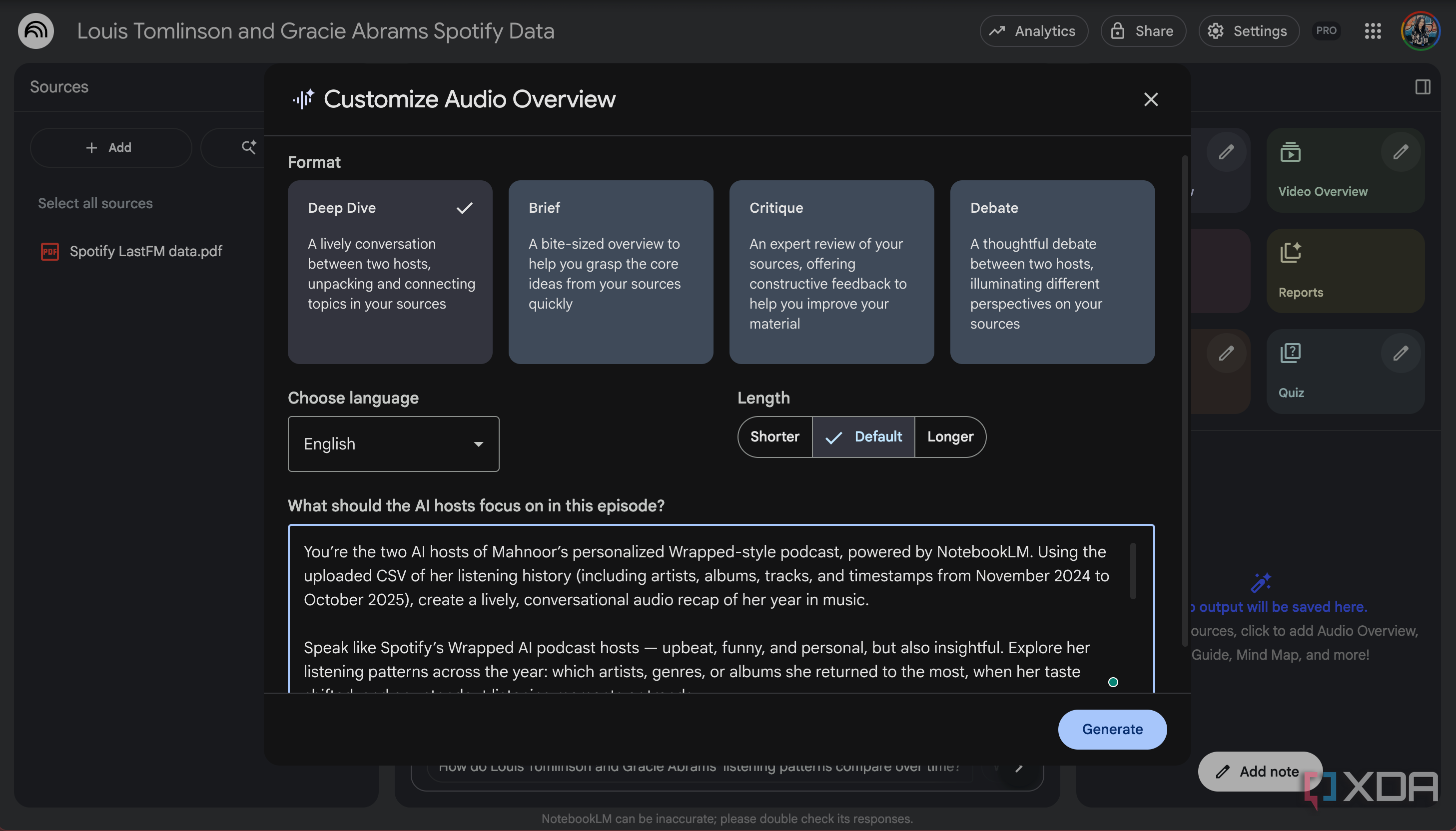 Adding the custom prompt to Spotify Wrapped NotebookLM notebook